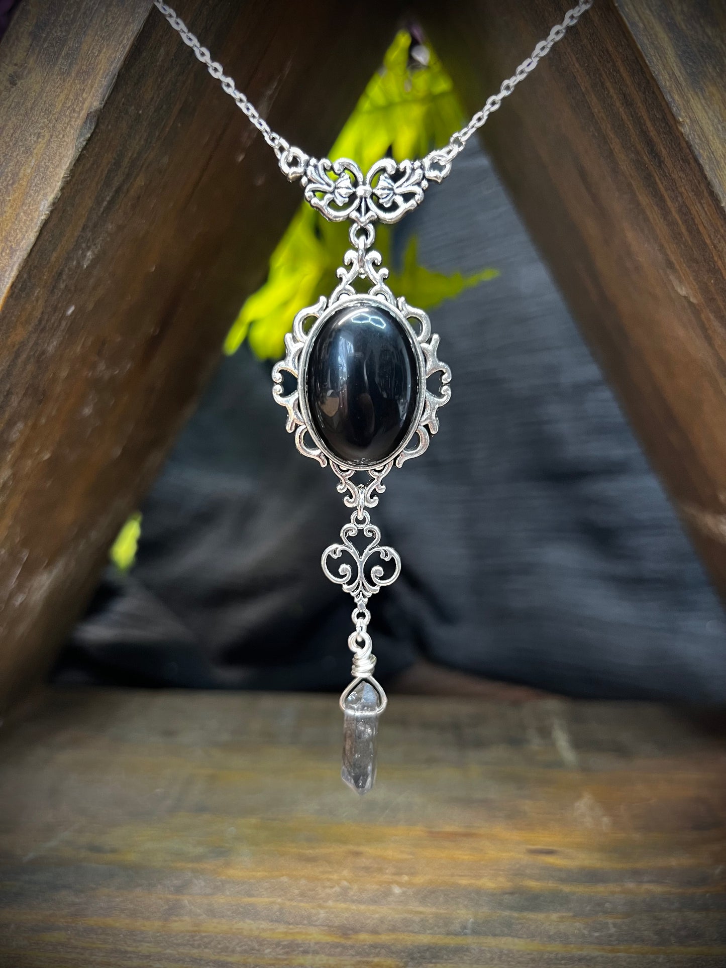 Obsidian and Black Quartz Scrying Mirror Necklace Pendant PN33