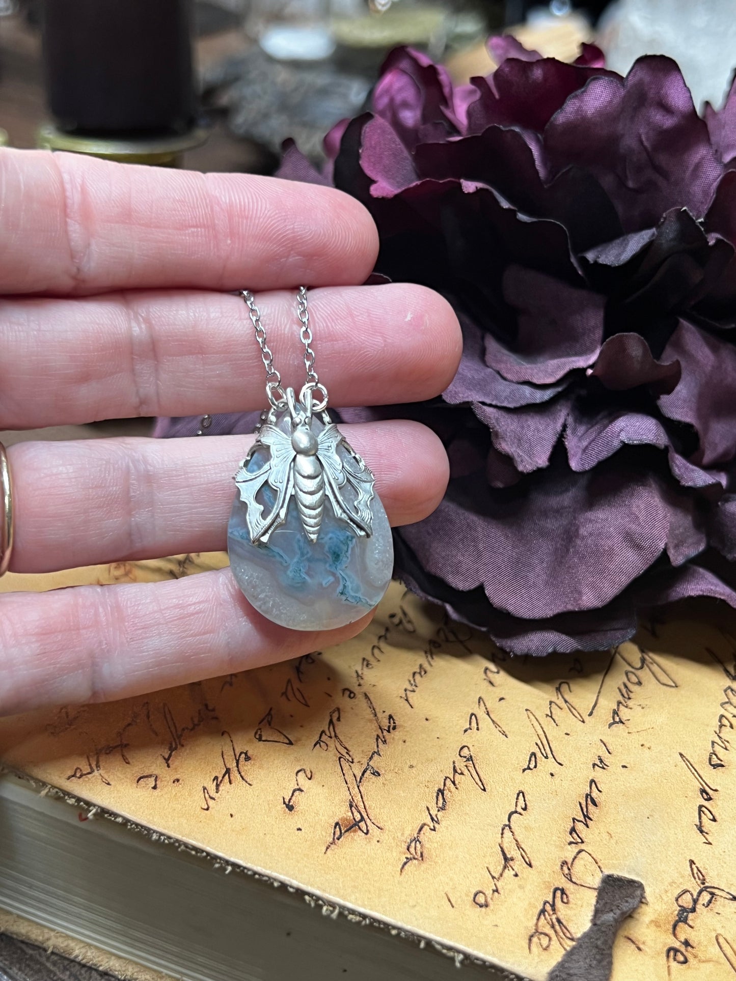 Moss Agate Victorian Moth Wrapped Pendant Necklace PN20