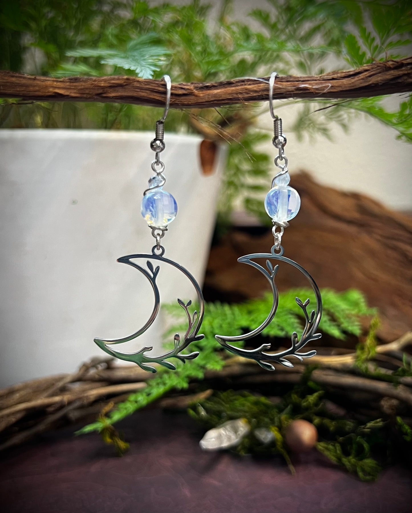 Opalite Crescent Moon Earrings – Branch Moon Dangle Earrings for Intuition and Feminine Energy SE21