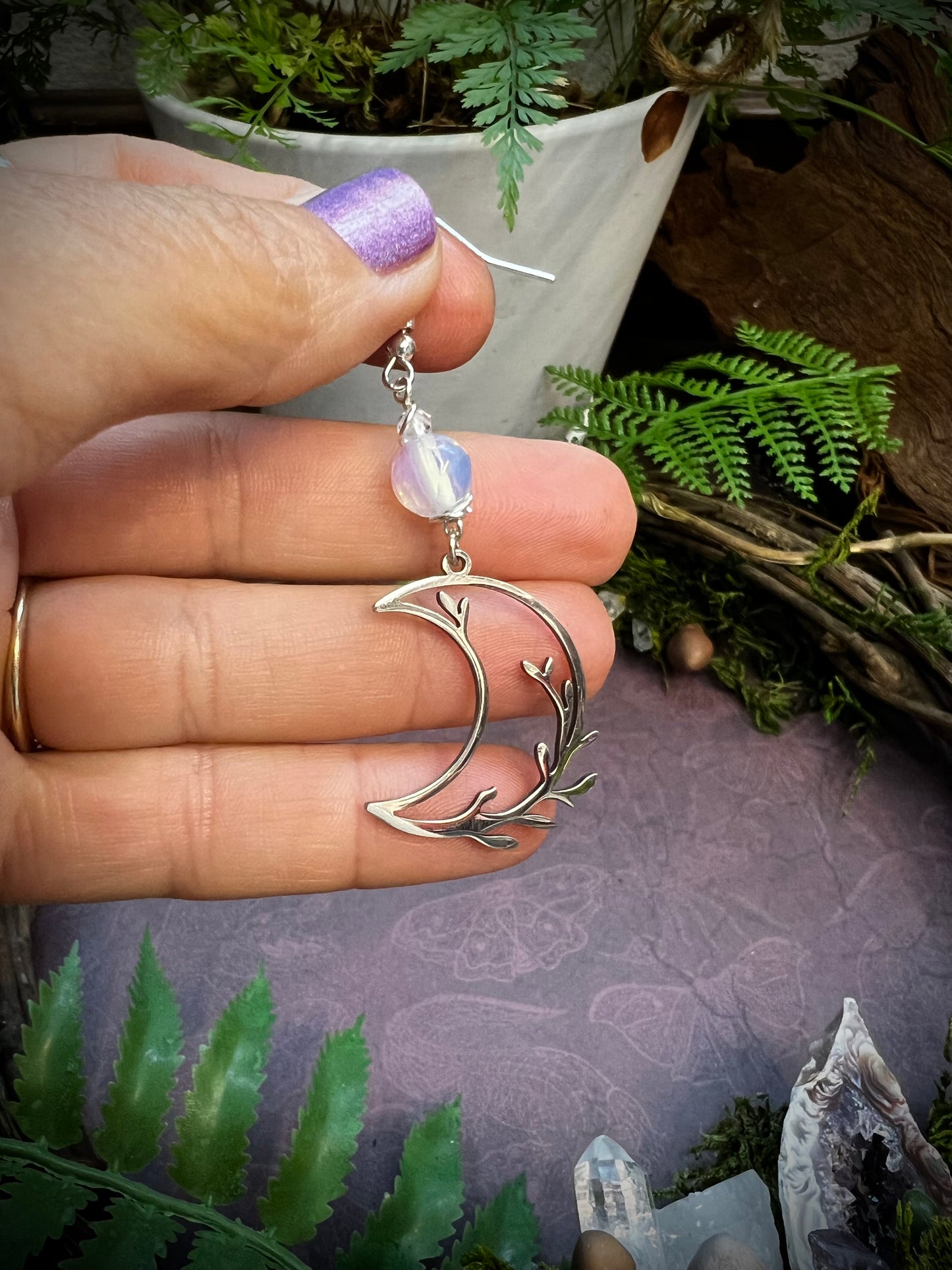 Opalite Crescent Moon Earrings – Branch Moon Dangle Earrings for Intuition and Feminine Energy SE21