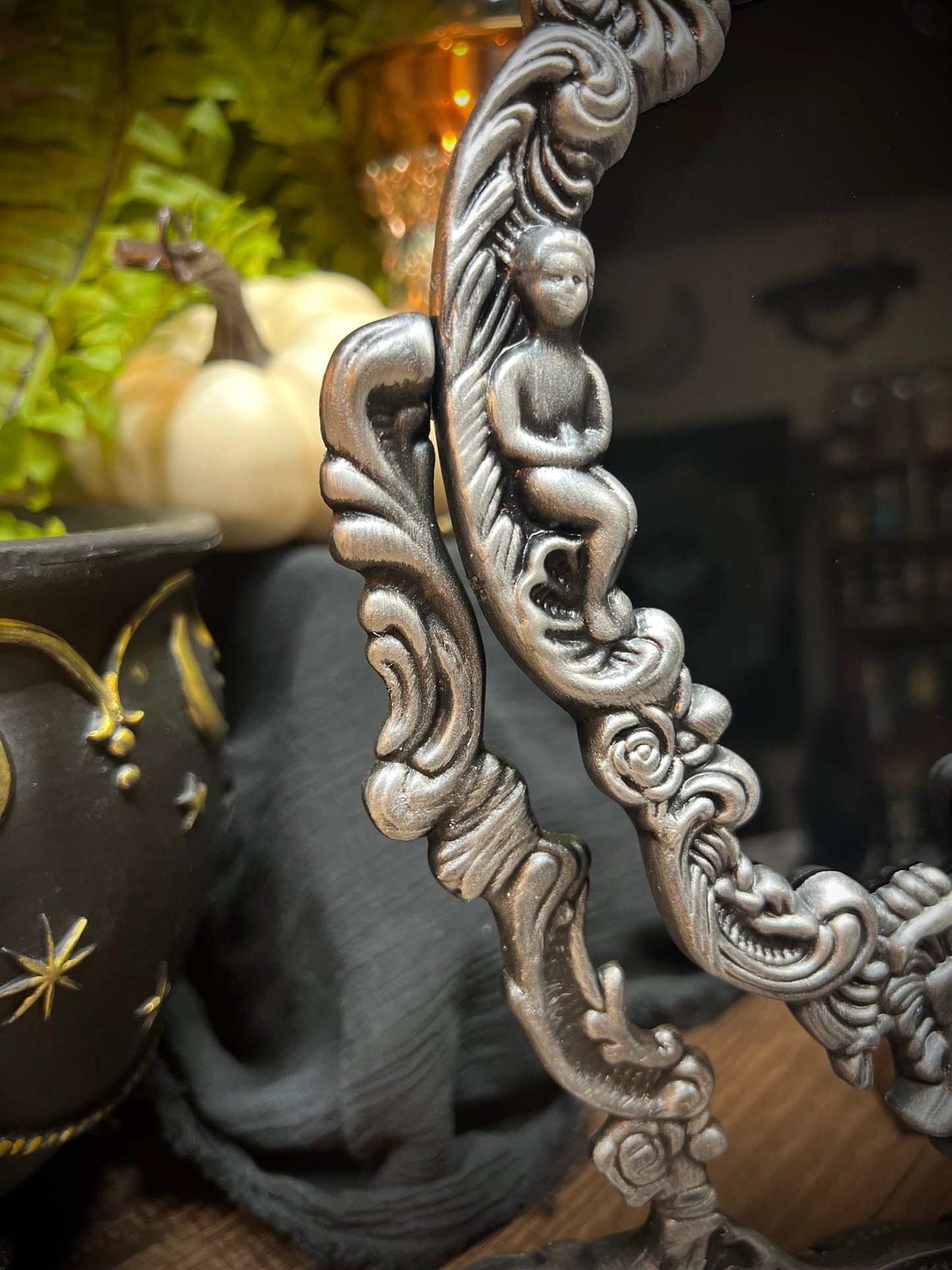 Large Antiqued Angels Scrying Mirror - 14" Tall Heirloom Footed Tilt Tabletop Oval Divination Shadow Work Witches Gothic Victorian Mirror MM122