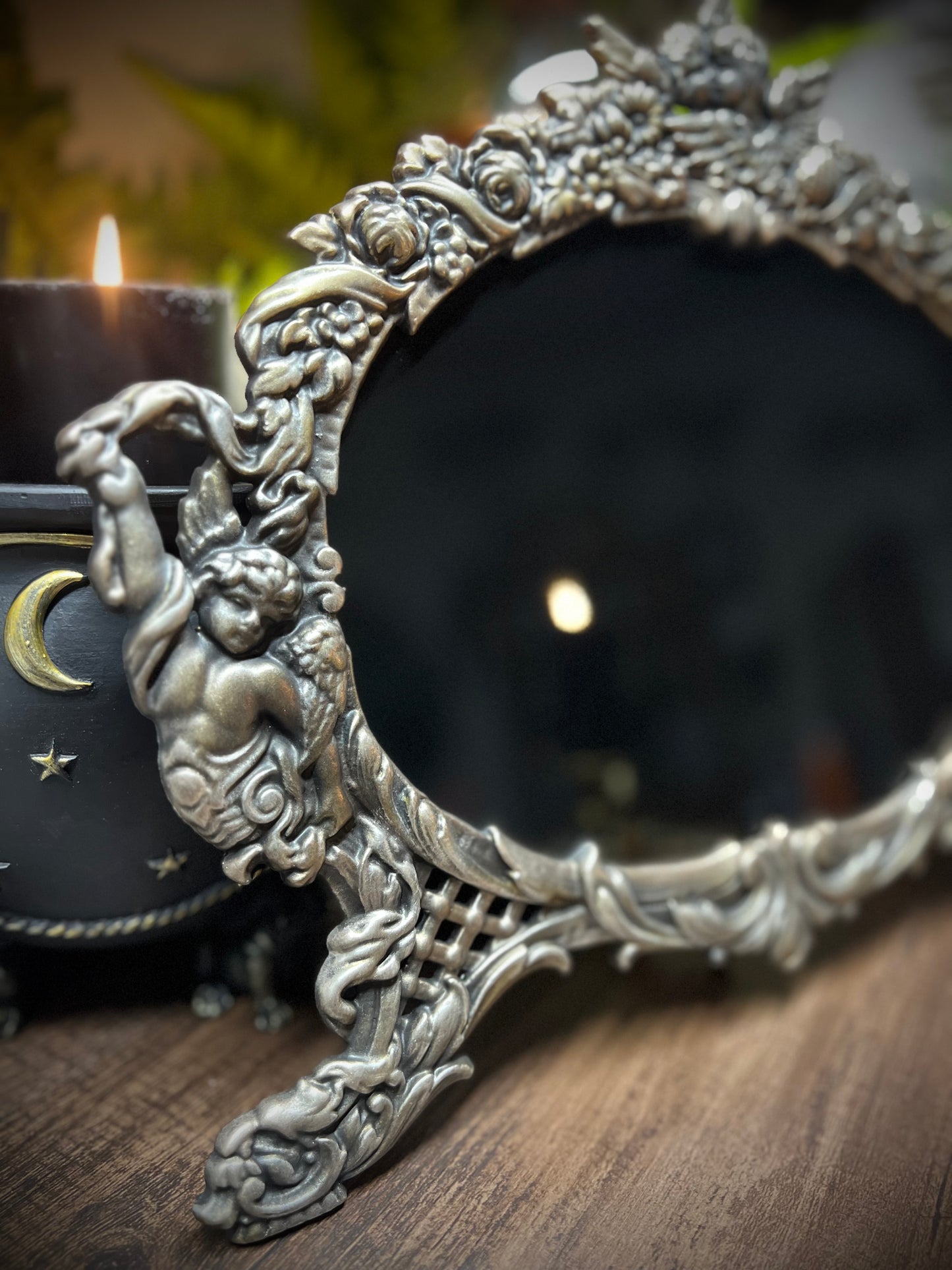 Large Scrying Mirror - Angelica- Heirloom Footed Oval Black Divination Witches Mirror MM123