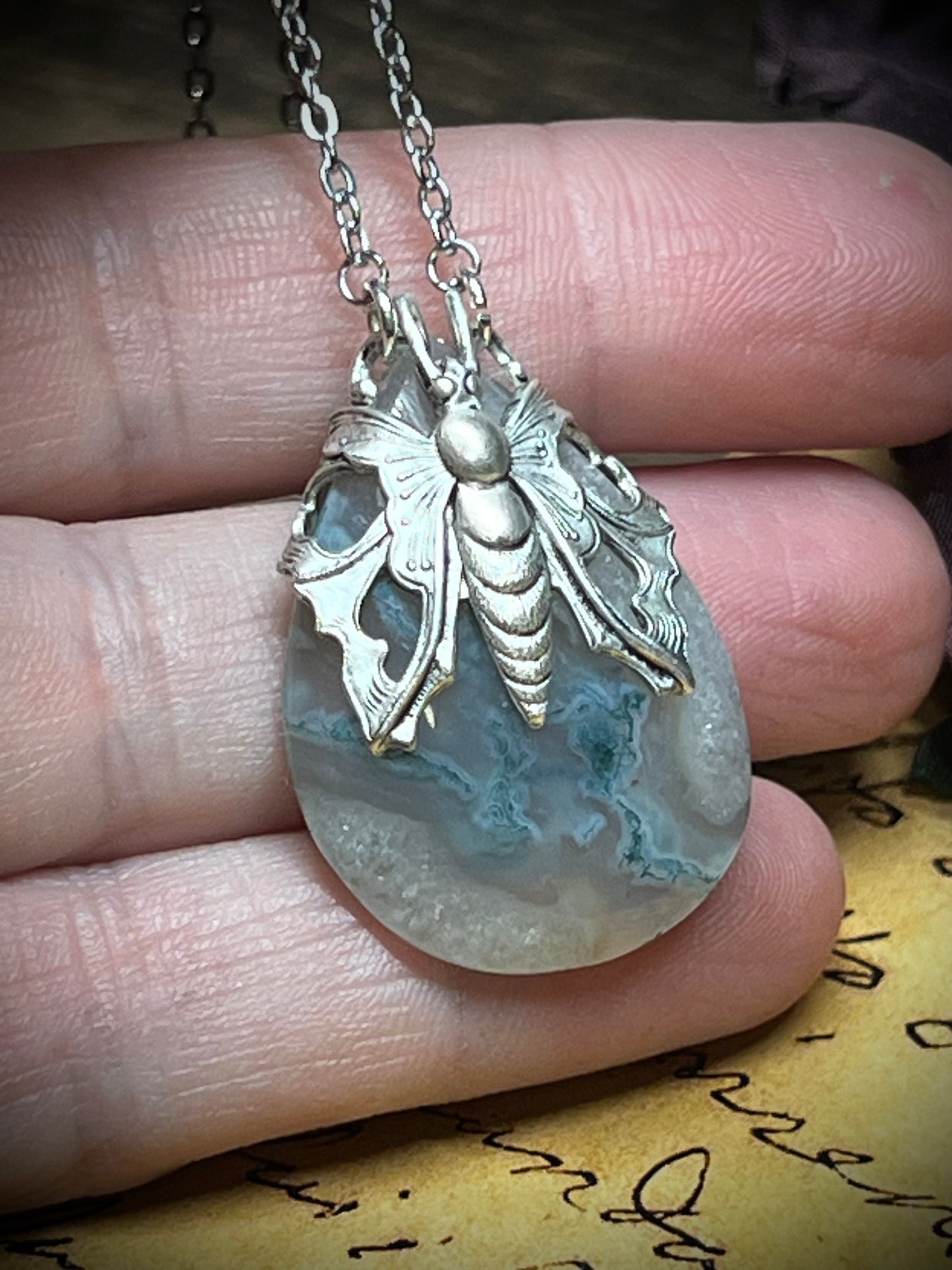 Moss Agate Victorian Moth Wrapped Pendant Necklace PN20