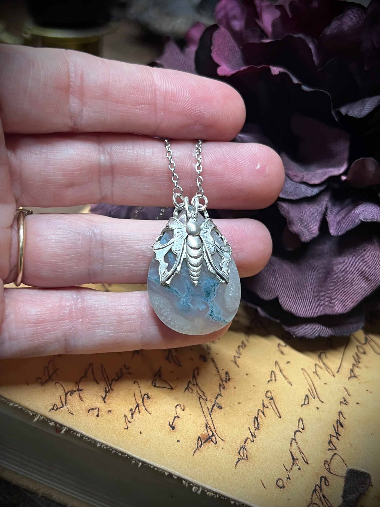 Moss Agate Victorian Moth Wrapped Pendant Necklace PN20