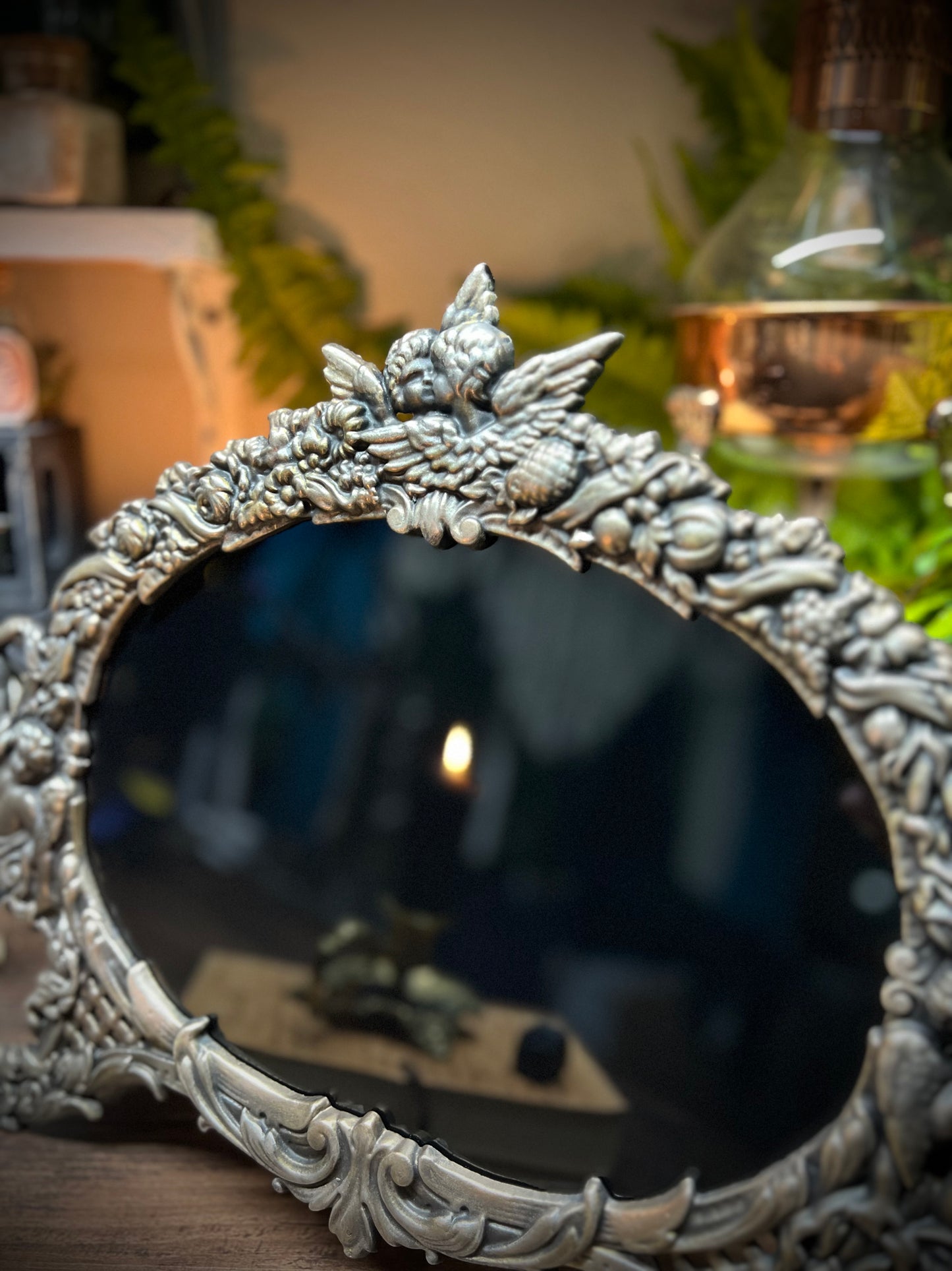 Large Scrying Mirror - Angelica- Heirloom Footed Oval Black Divination Witches Mirror MM123