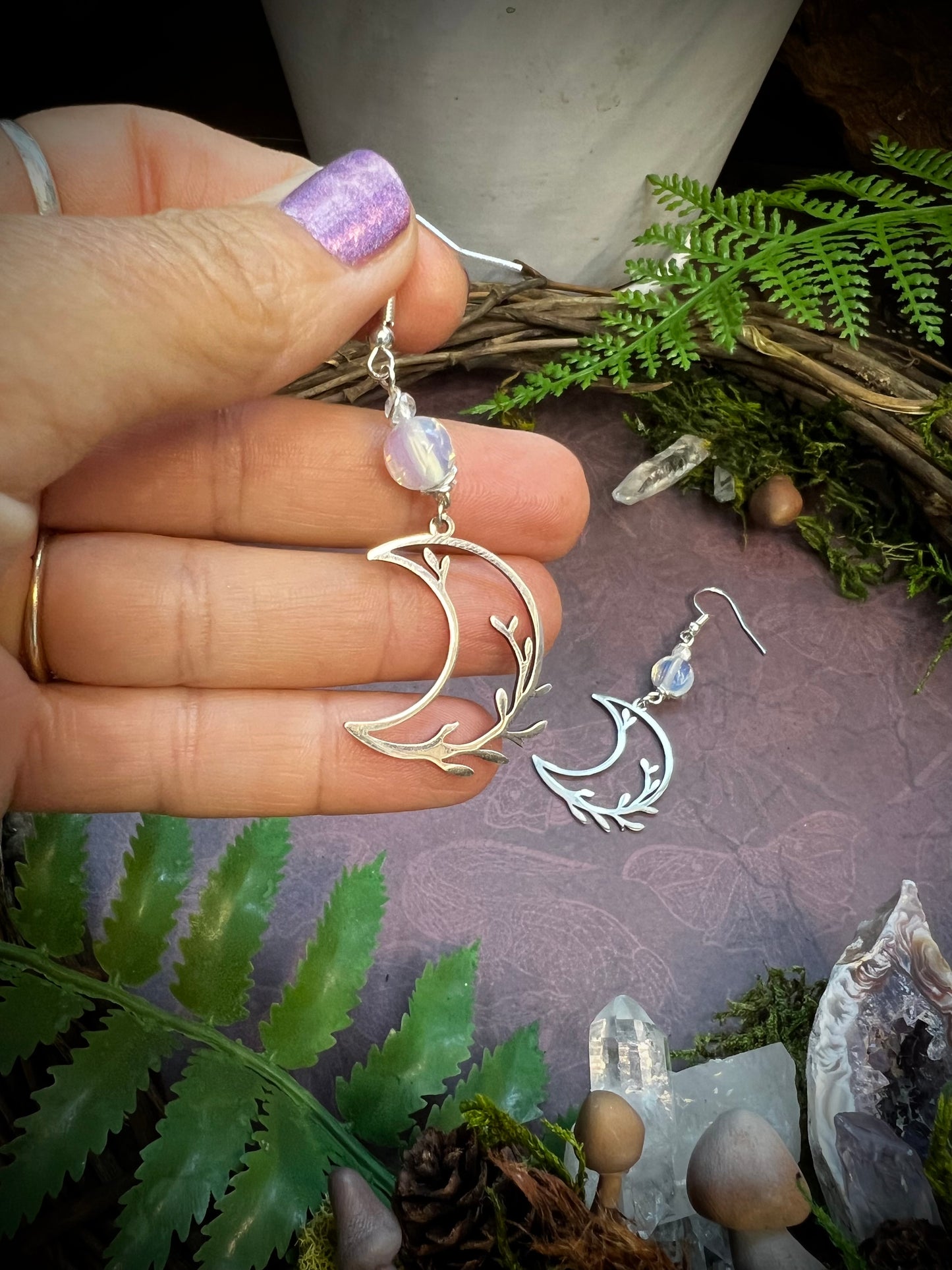 Opalite Crescent Moon Earrings – Branch Moon Dangle Earrings for Intuition and Feminine Energy SE21