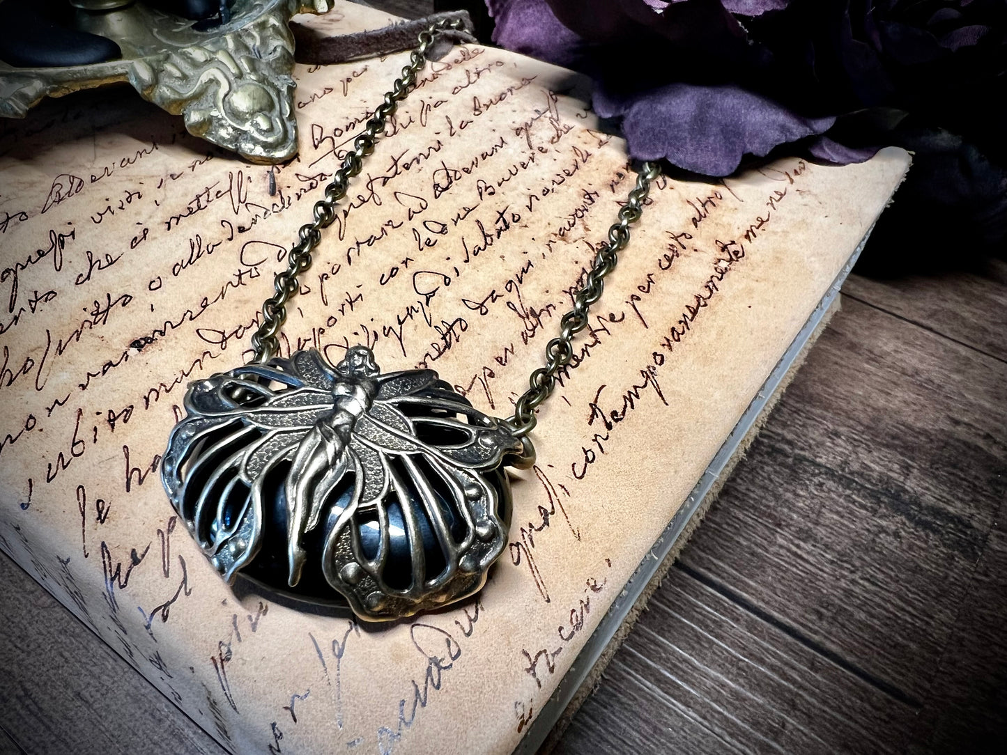 Obsidian You’re Protected Vintage Faery Wrapped Pendant Necklace PN18