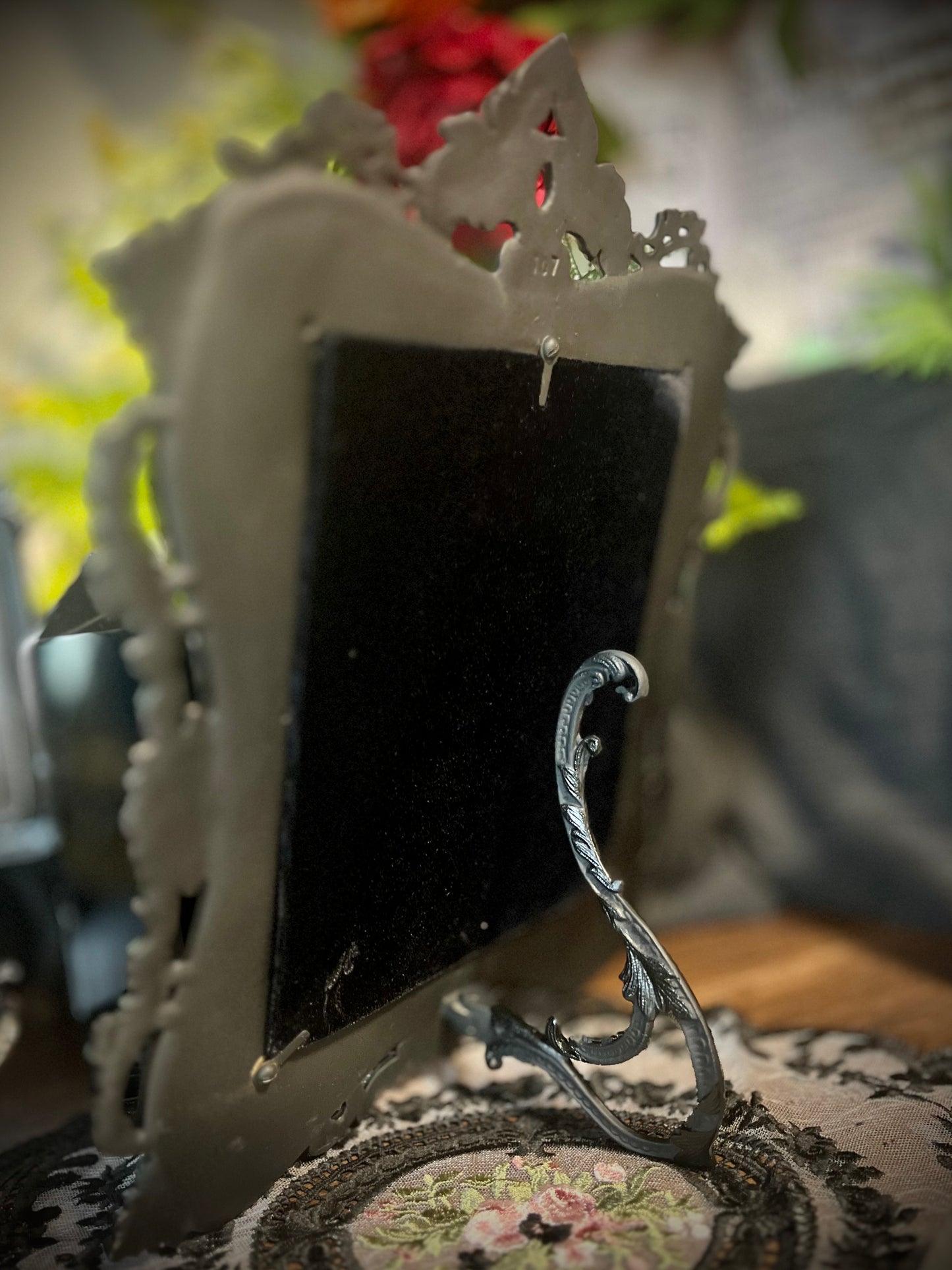Scarlet Black Glass Scrying Mirror with Easel | Gothic Vintage Cast Metal Frame with Scrolling Details