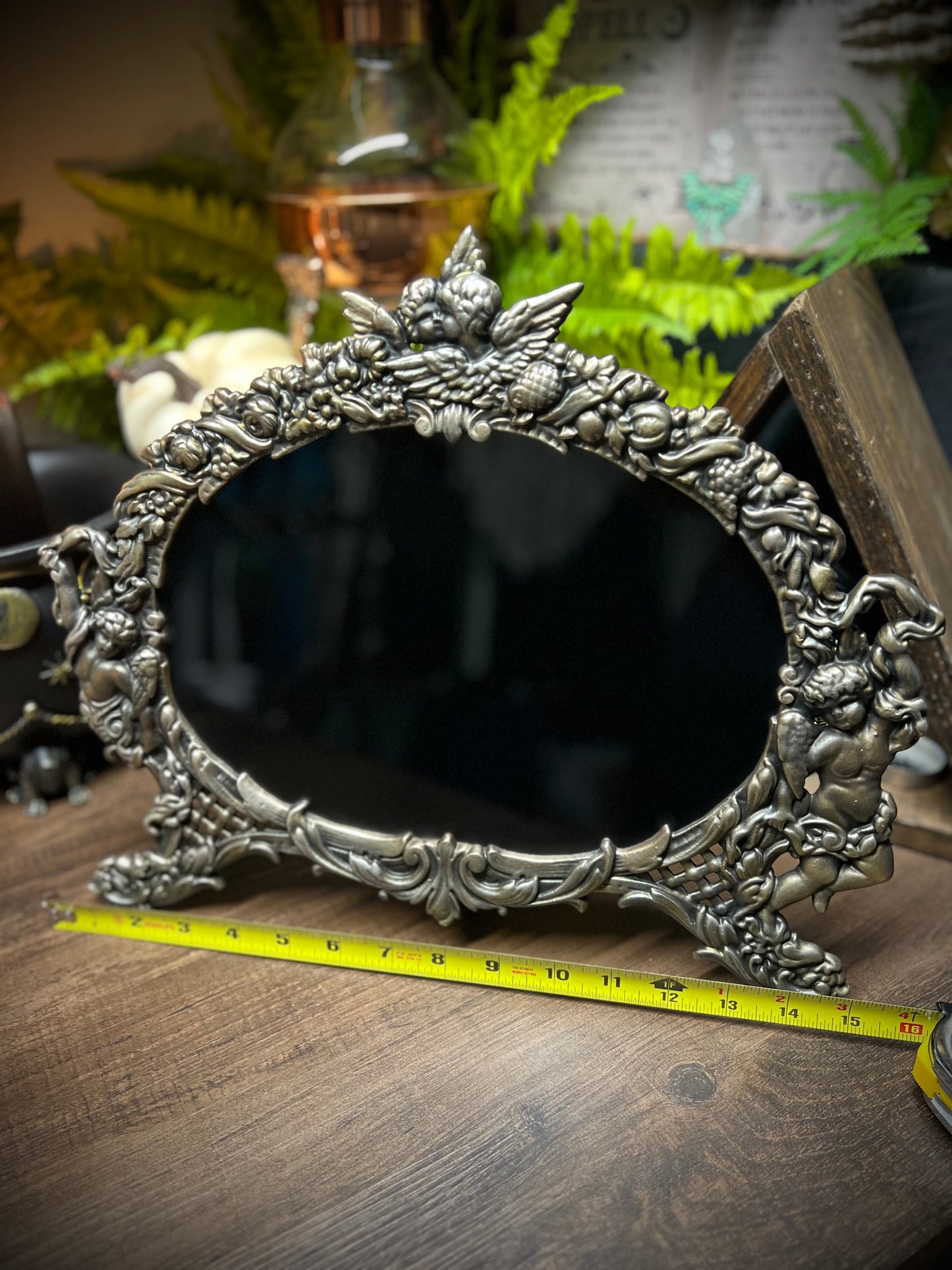 Large Scrying Mirror - Angelica- Heirloom Footed Oval Black Divination Witches Mirror MM123