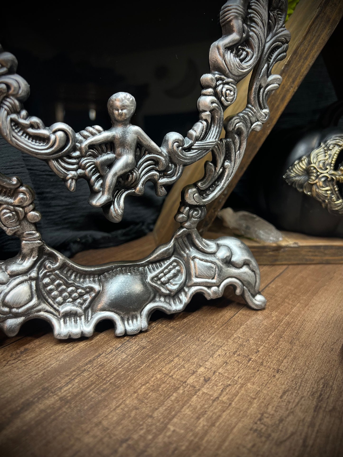Large Antiqued Angels Scrying Mirror - 14" Tall Heirloom Footed Tilt Tabletop Oval Divination Shadow Work Witches Gothic Victorian Mirror MM122