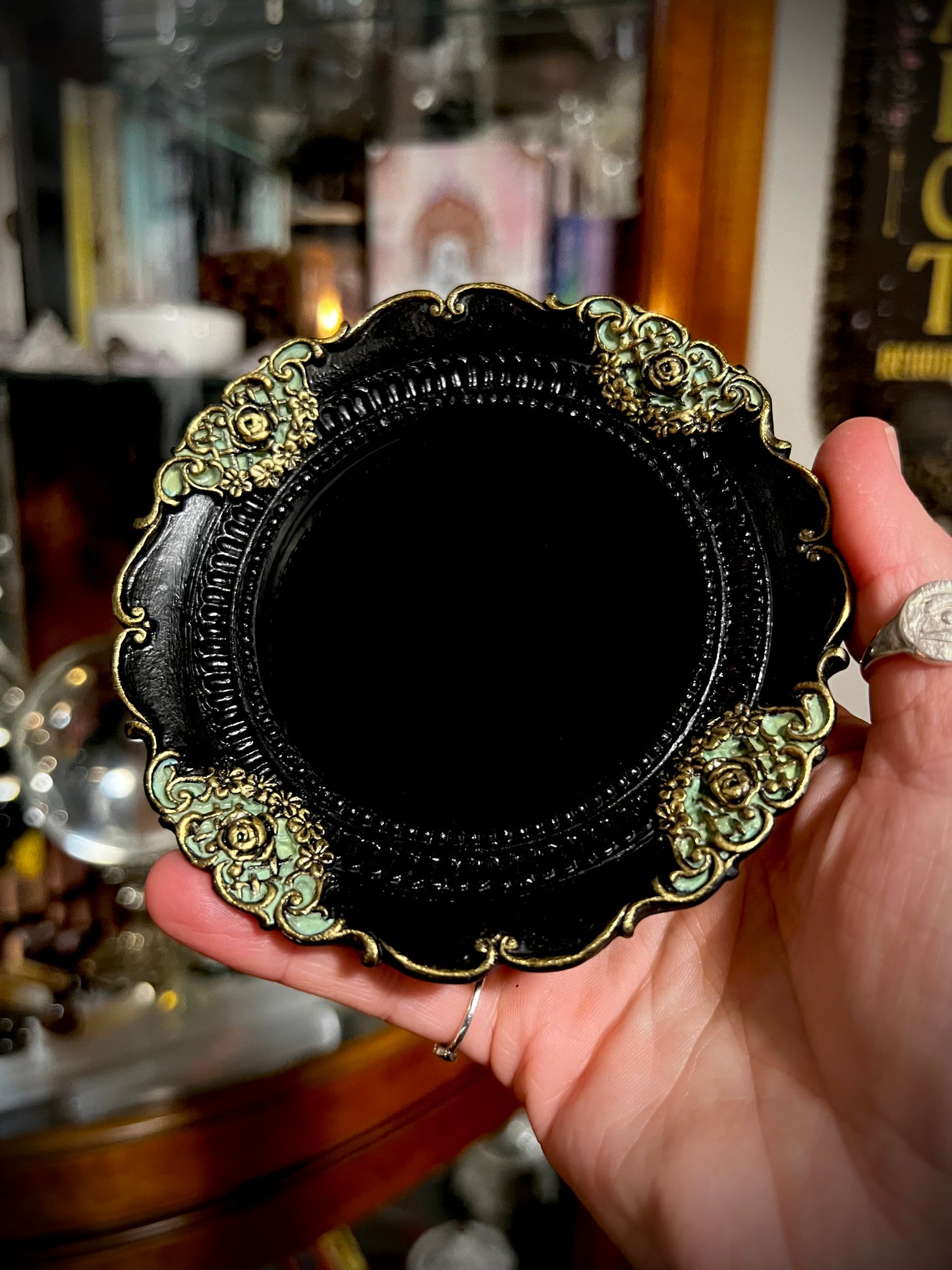 Luna- Small Round Black Scrying Mirror Divination Witches Mirror MM125