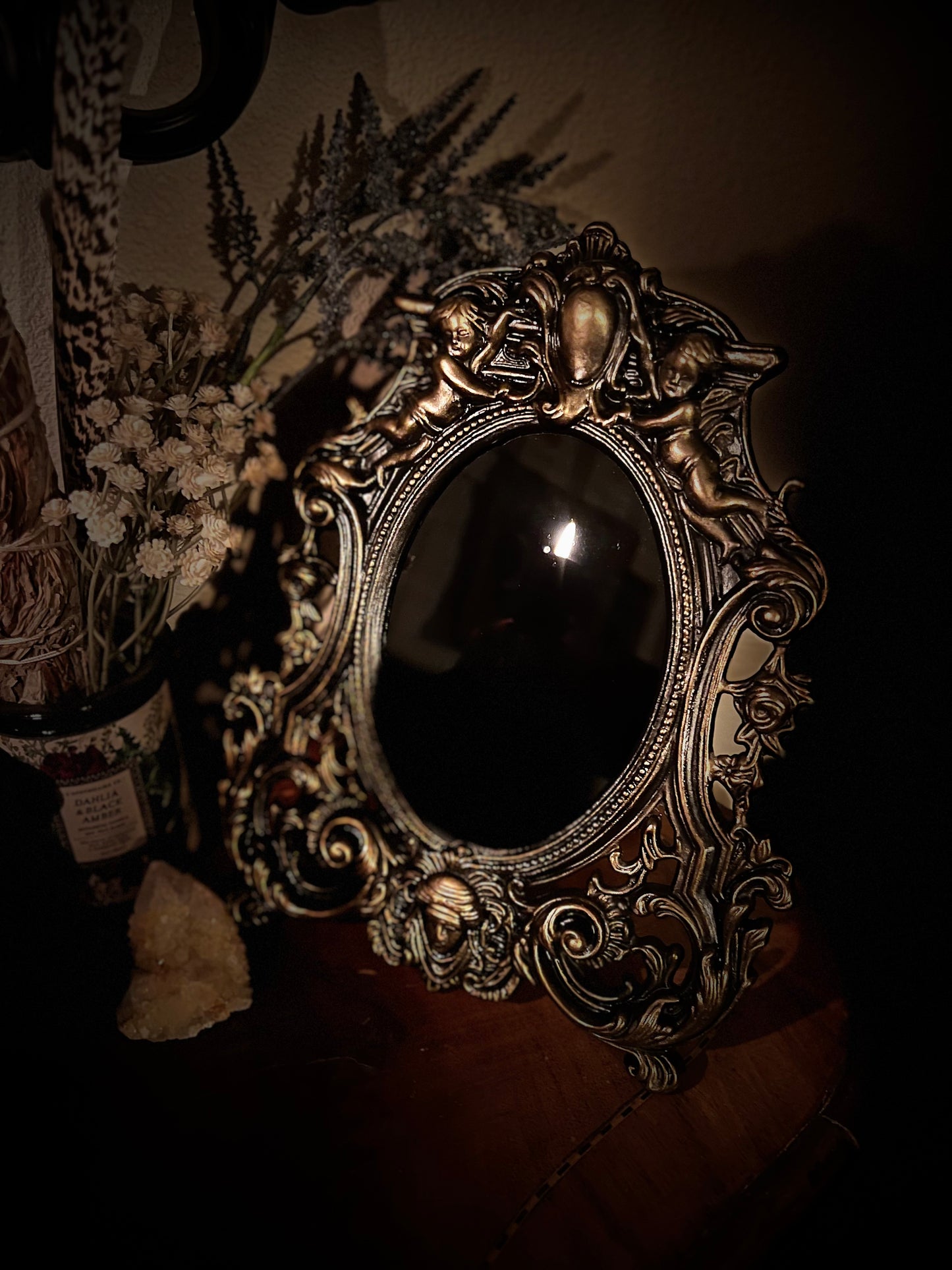 Scrying Mirror - Antique Heirloom Footed Oval Black Mirror MM121