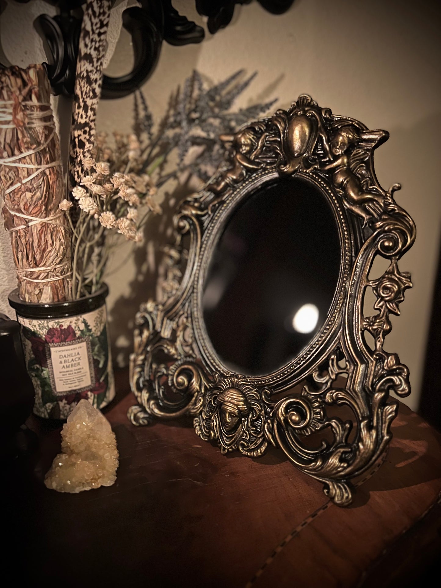 Scrying Mirror - Antique Heirloom Footed Oval Black Mirror MM121