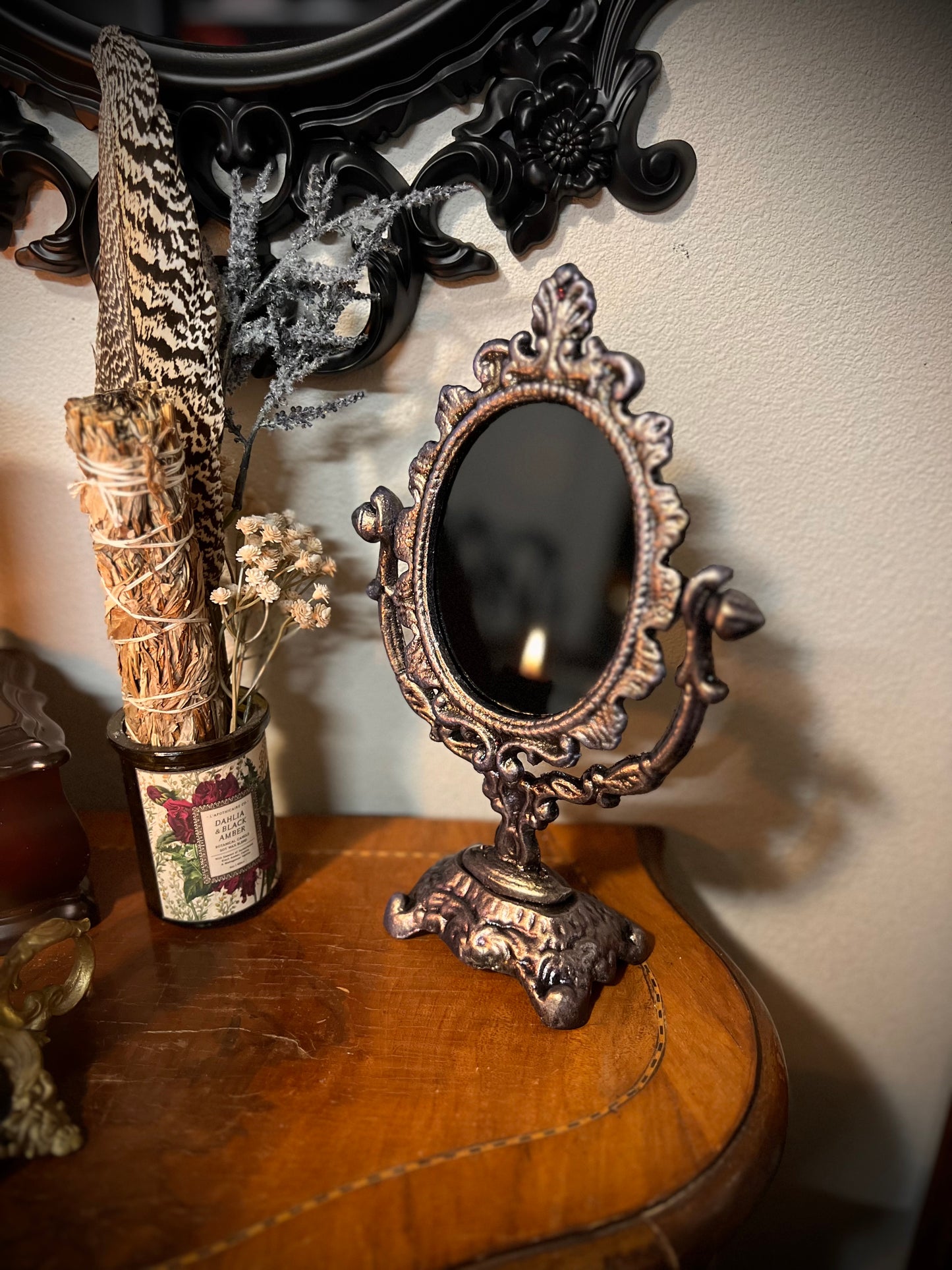 Scrying Mirror - Amaris- Heirloom Pedestal Oval Black Divination Witches Mirror MM124