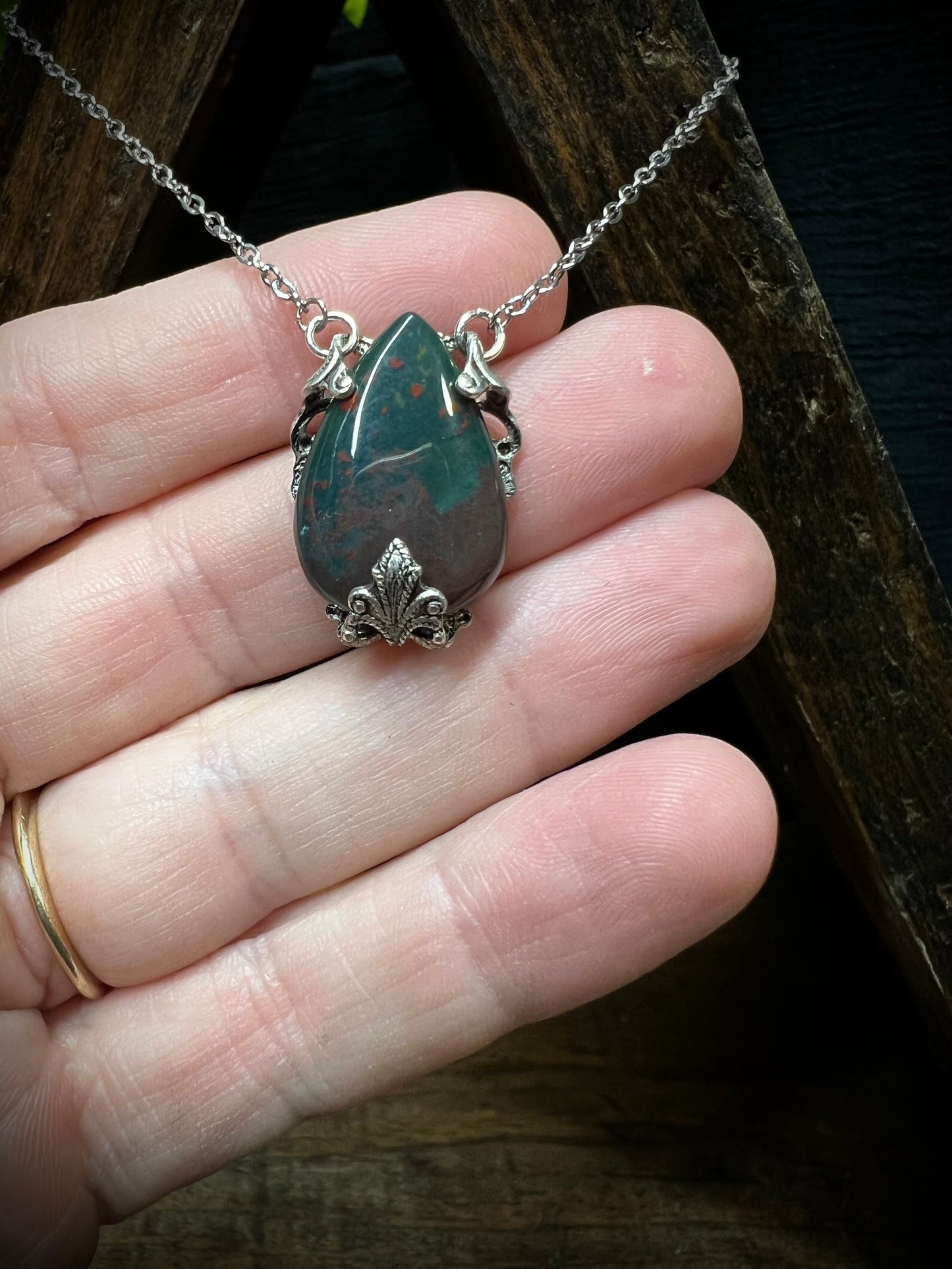 Teardrop Bloodstone pendant necklace with antique victorian filigree wrap