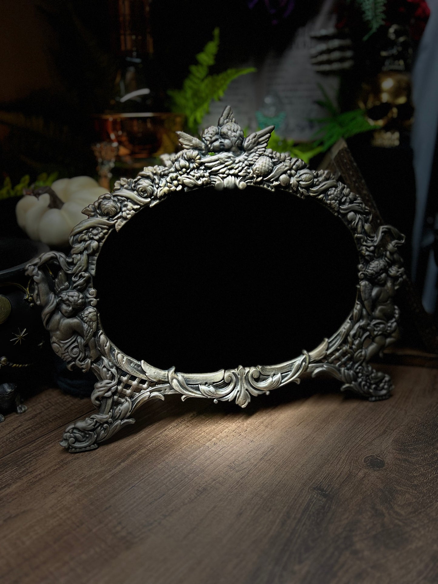 Large Scrying Mirror - Angelica- Heirloom Footed Oval Black Divination Witches Mirror MM123