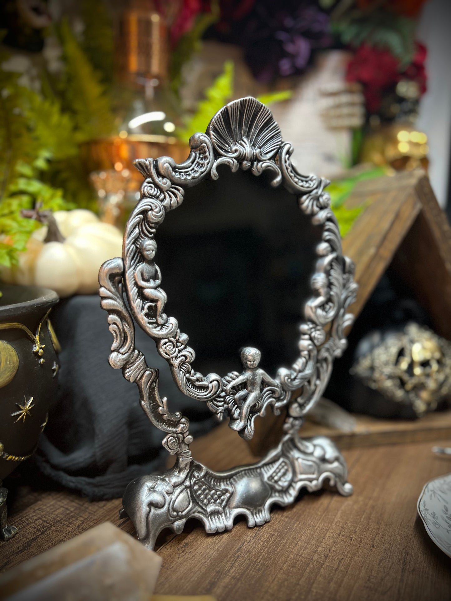 Large Antiqued Angels Scrying Mirror - 14" Tall Heirloom Footed Tilt Tabletop Oval Divination Shadow Work Witches Gothic Victorian Mirror MM122
