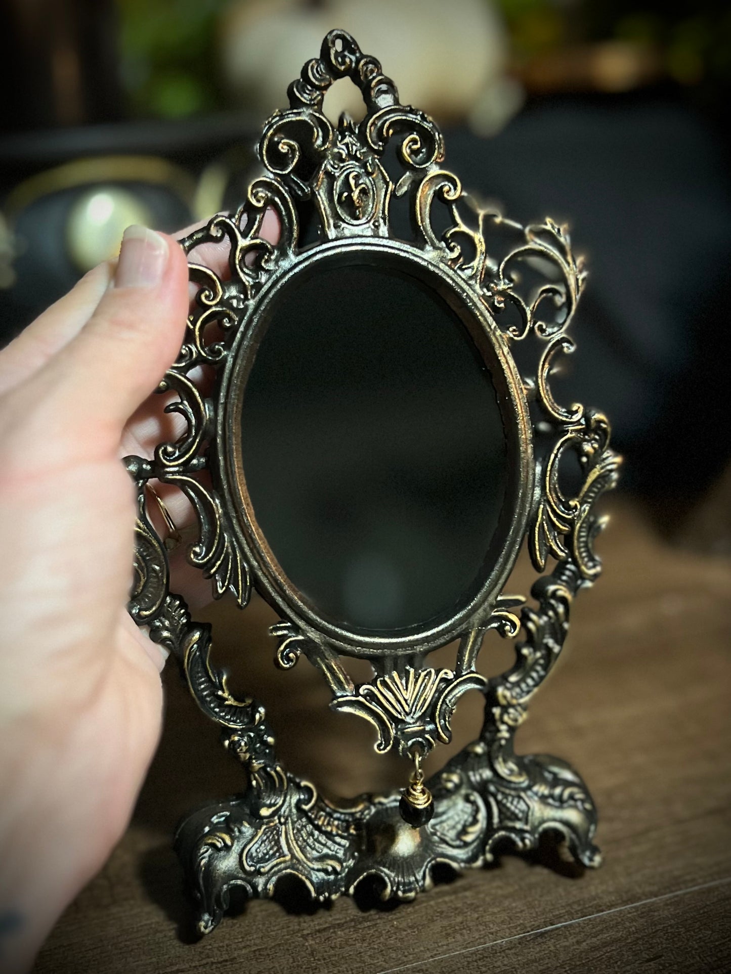Fancy Ornate Black Scrying Mirror Vintage Italian Rococo Footed Mirror Tilt Mirror Magical Victorian Gothic Mirror Witches Mirror Divination Mirror