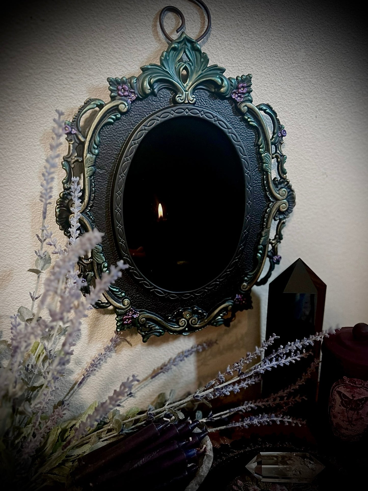 Forest Queen Hanging Black Glass Scrying Mirror | Gothic Wall Hanging with Ornate Scrollwork and Easel