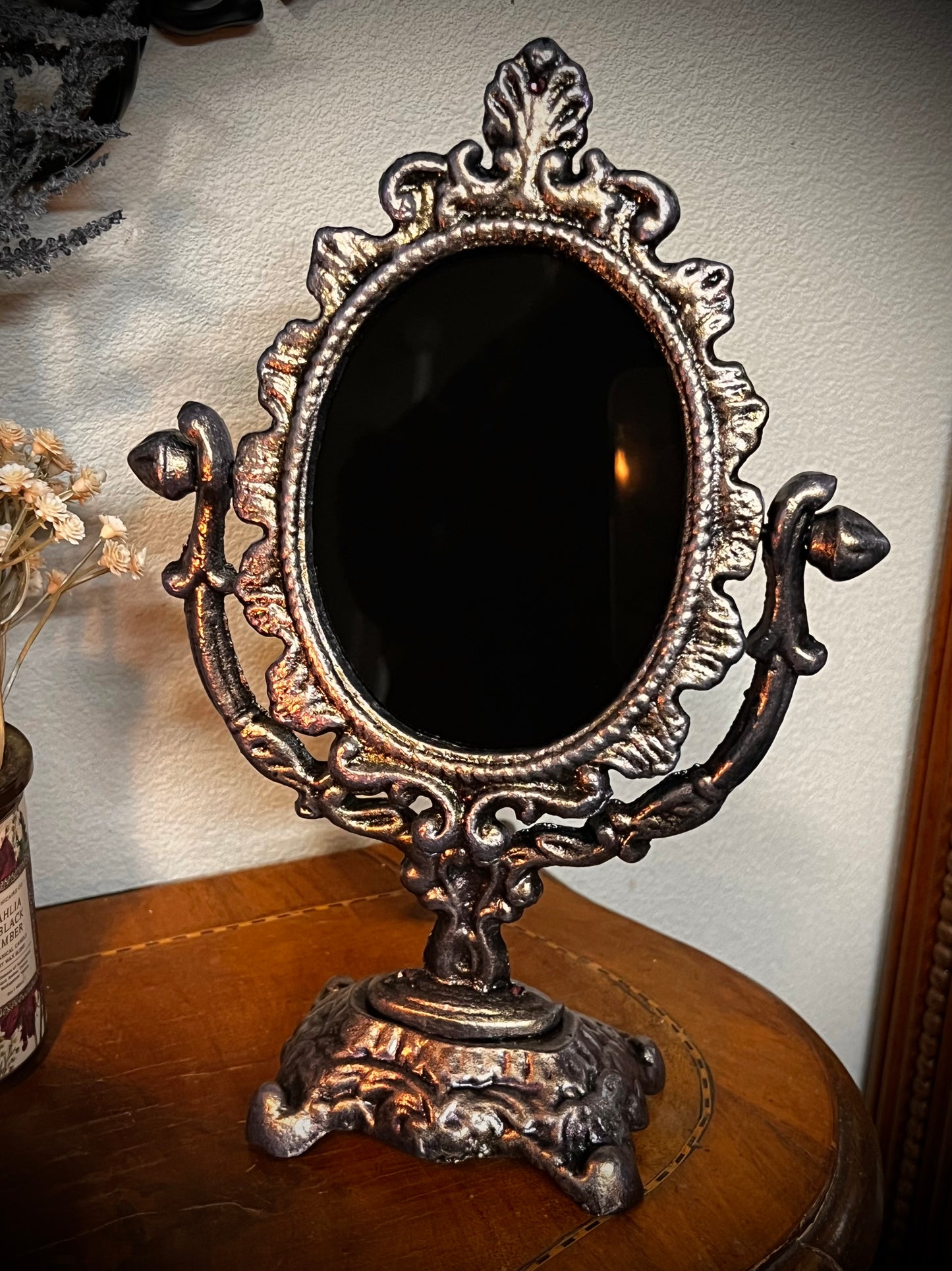Scrying Mirror - Amaris- Heirloom Pedestal Oval Black Divination Witches Mirror MM124