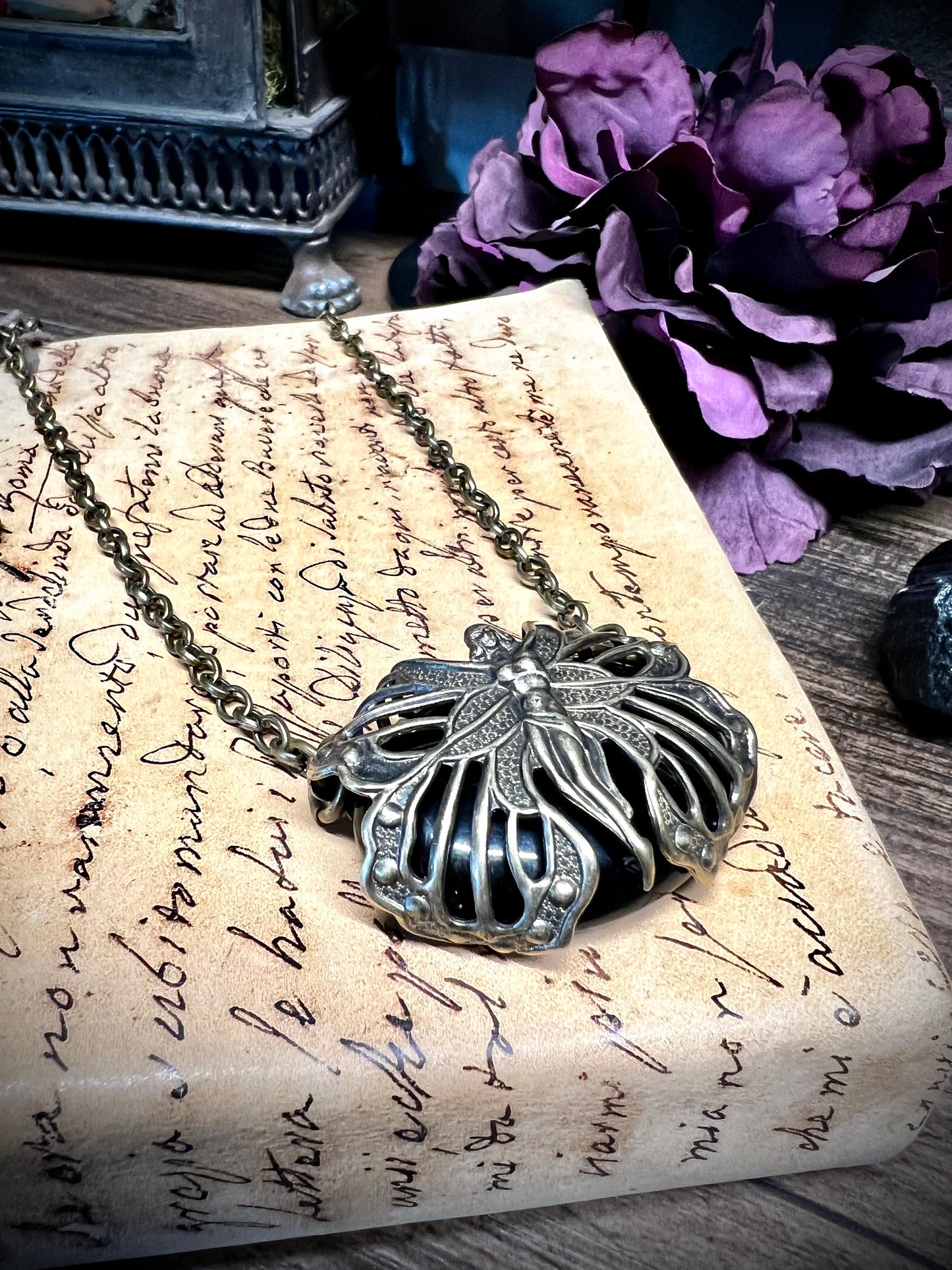 Obsidian You’re Protected Vintage Faery Wrapped Pendant Necklace PN18