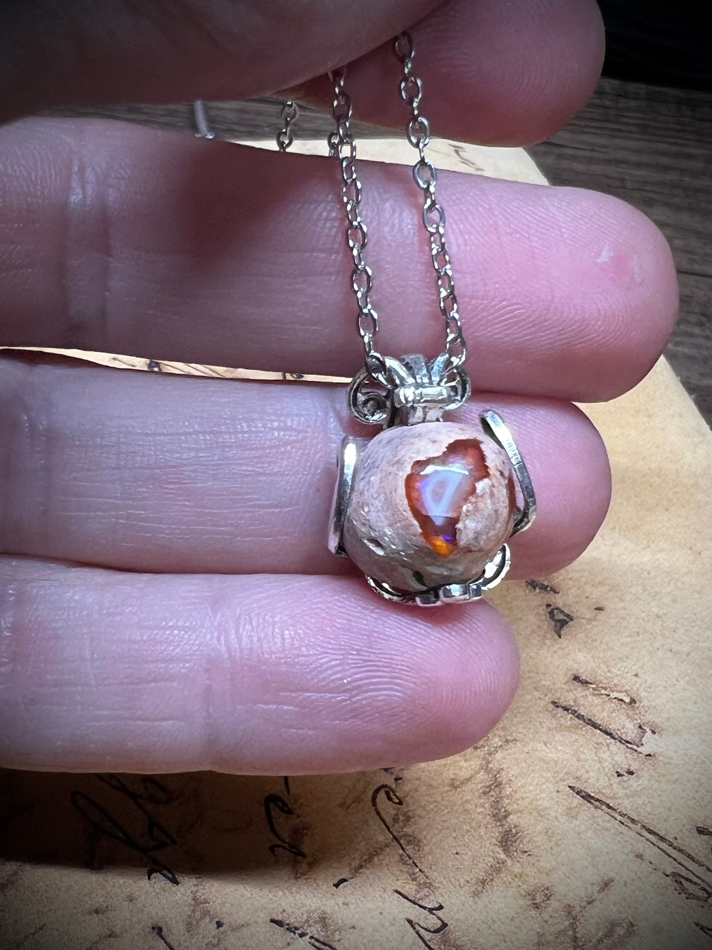 Mexican Fire Opal Victorian Wrapped Dainty Pendant Necklace PN22