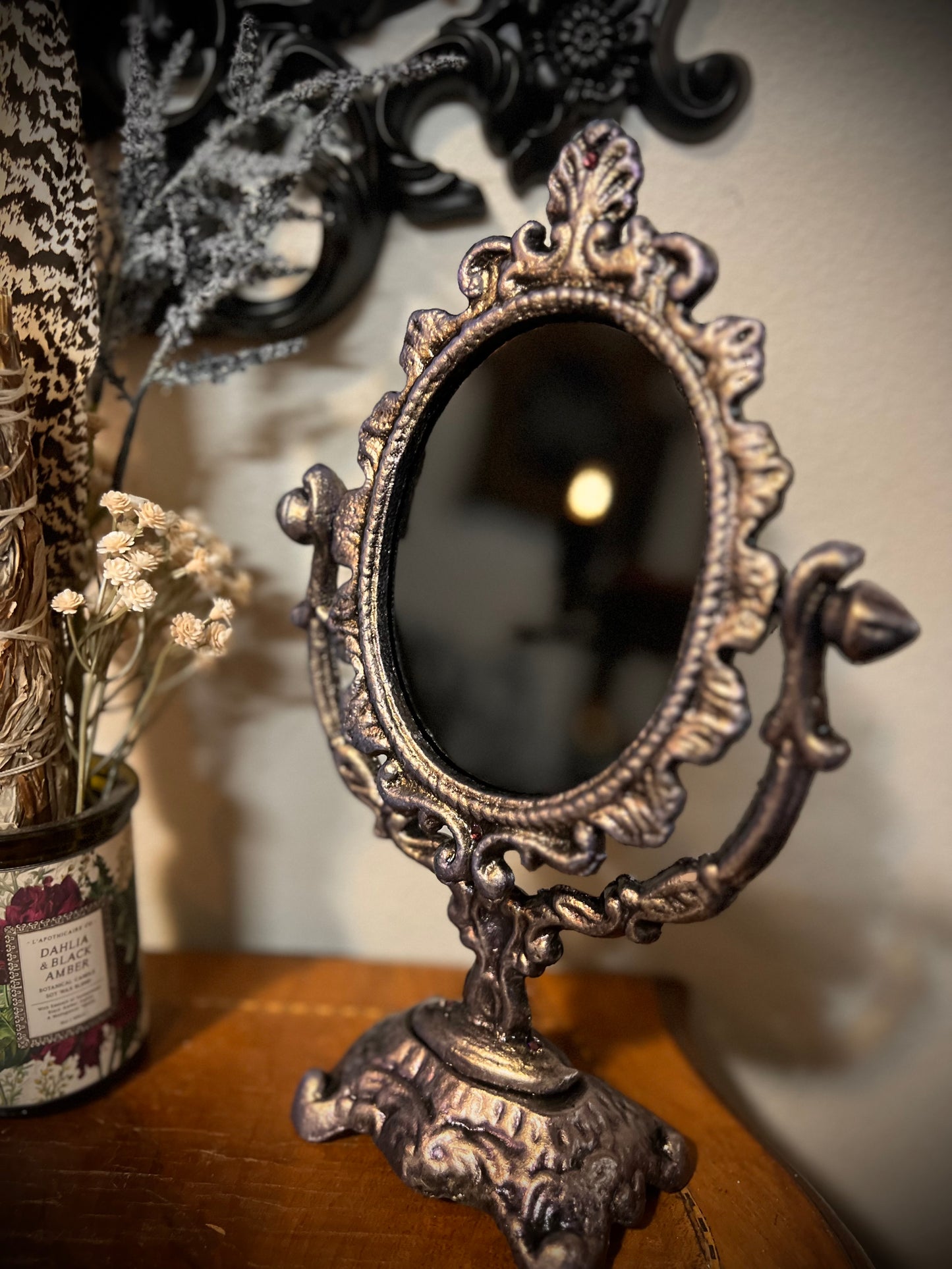 Scrying Mirror - Amaris- Heirloom Pedestal Oval Black Divination Witches Mirror MM124