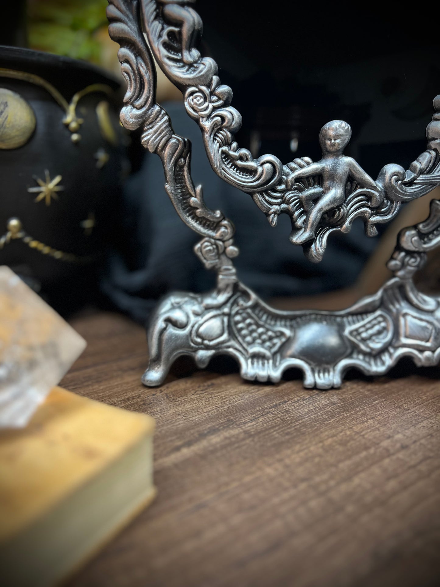 Large Antiqued Angels Scrying Mirror - 14" Tall Heirloom Footed Tilt Tabletop Oval Divination Shadow Work Witches Gothic Victorian Mirror MM122