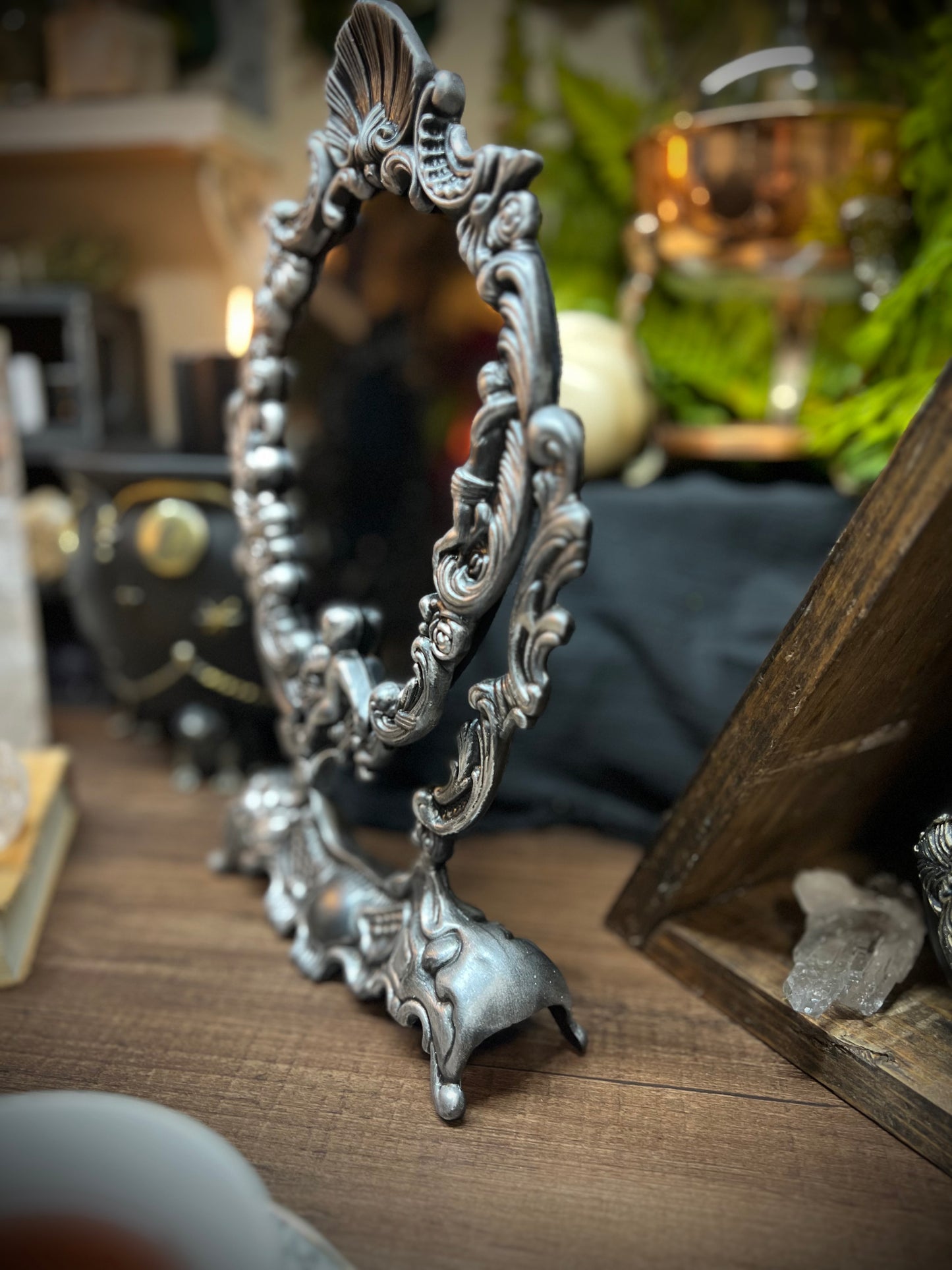 Large Antiqued Angels Scrying Mirror - 14" Tall Heirloom Footed Tilt Tabletop Oval Divination Shadow Work Witches Gothic Victorian Mirror MM122