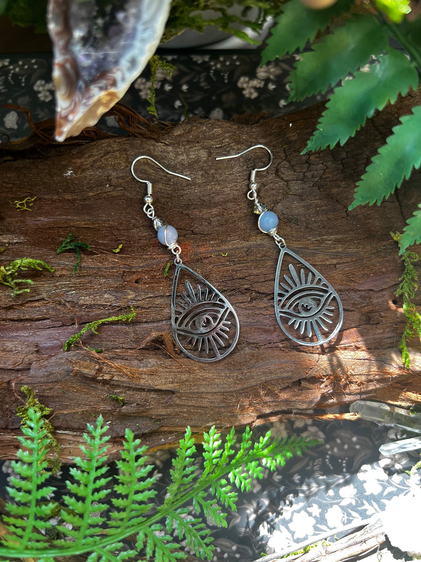 Teardrop stainless steel earrings with eye of protection charms and angelite beads
