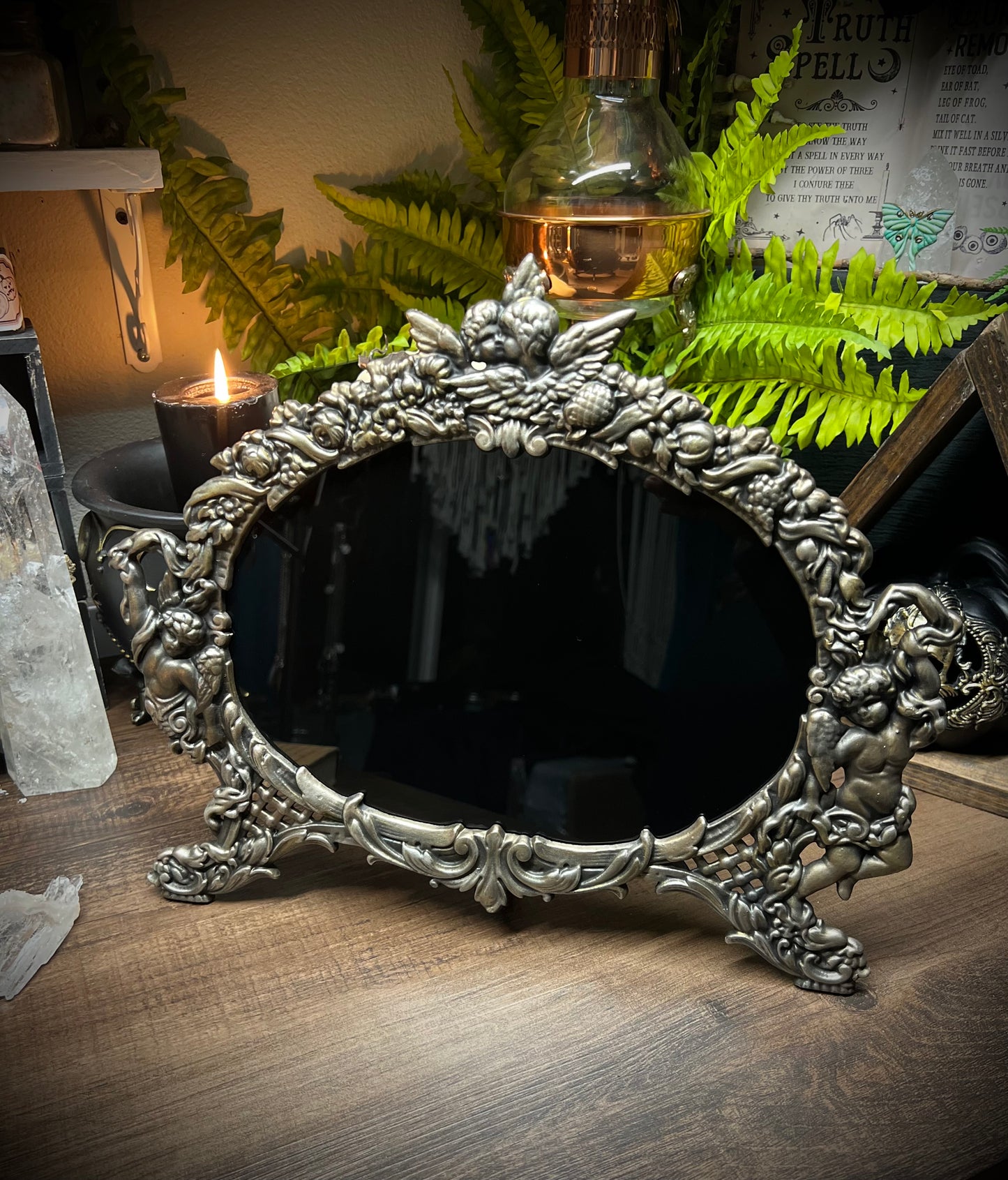 Large Scrying Mirror - Angelica- Heirloom Footed Oval Black Divination Witches Mirror MM123