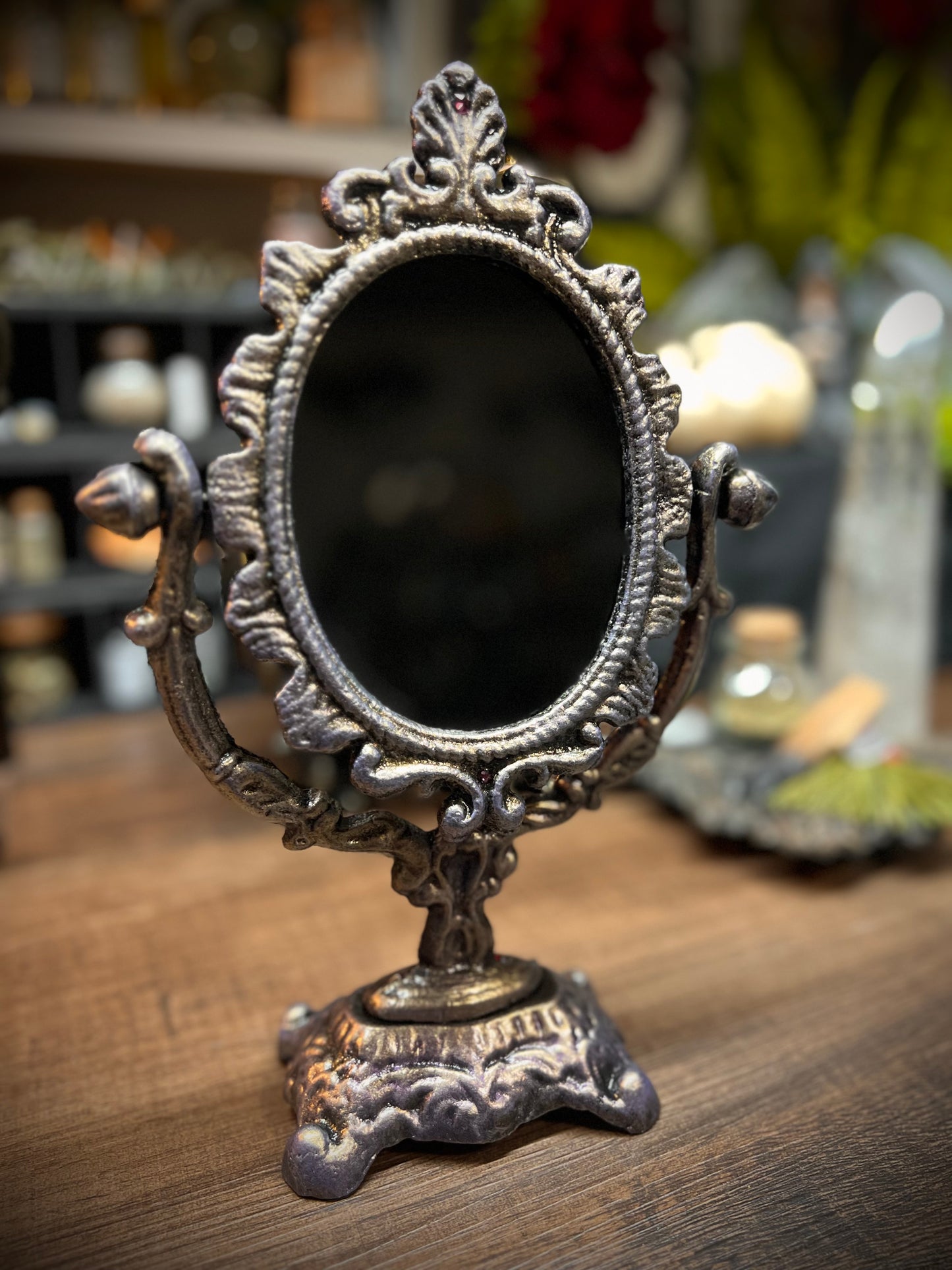 Scrying Mirror - Amaris- Heirloom Pedestal Oval Black Divination Witches Mirror MM124