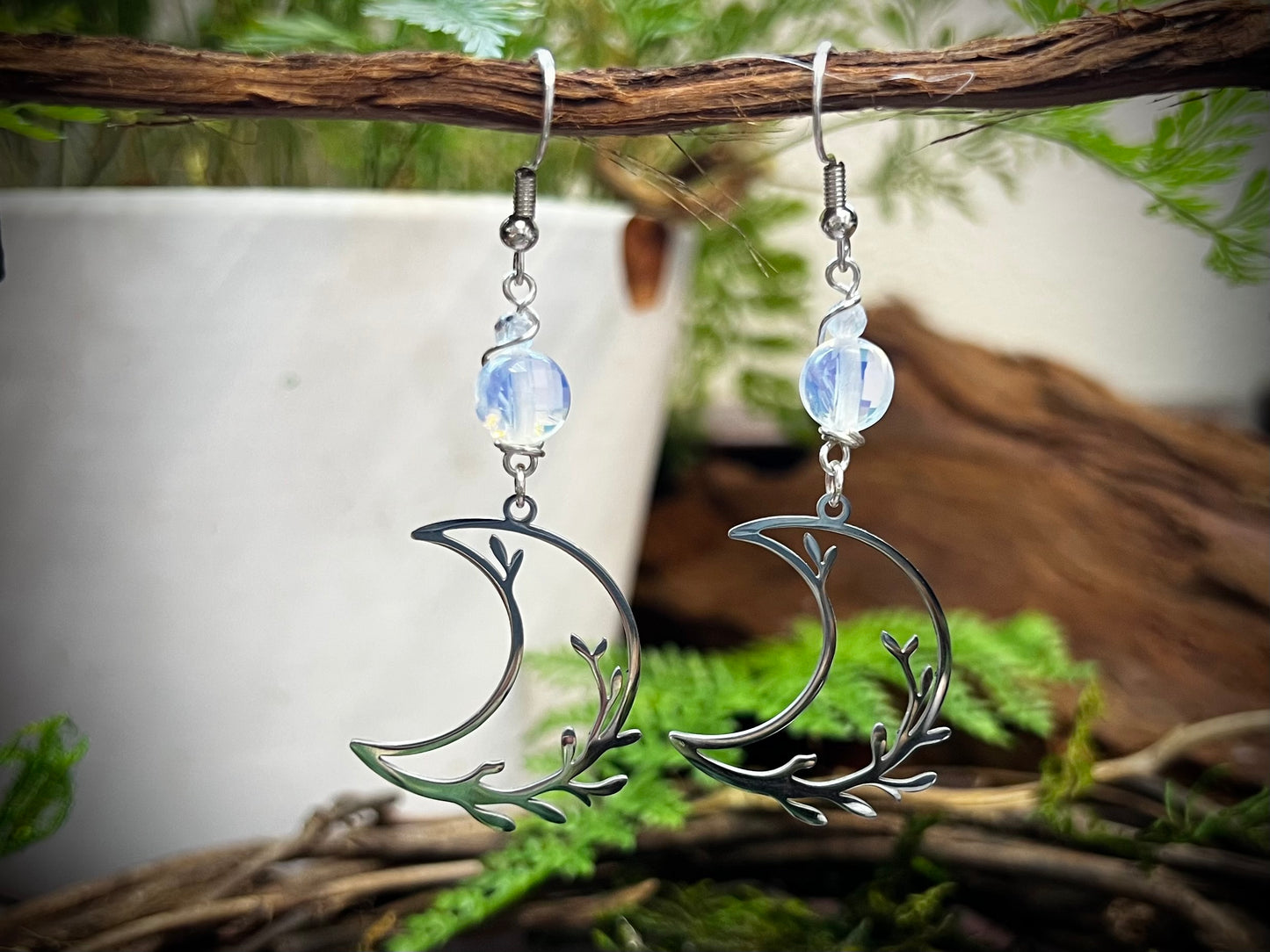 Opalite Crescent Moon Earrings – Branch Moon Dangle Earrings for Intuition and Feminine Energy SE21
