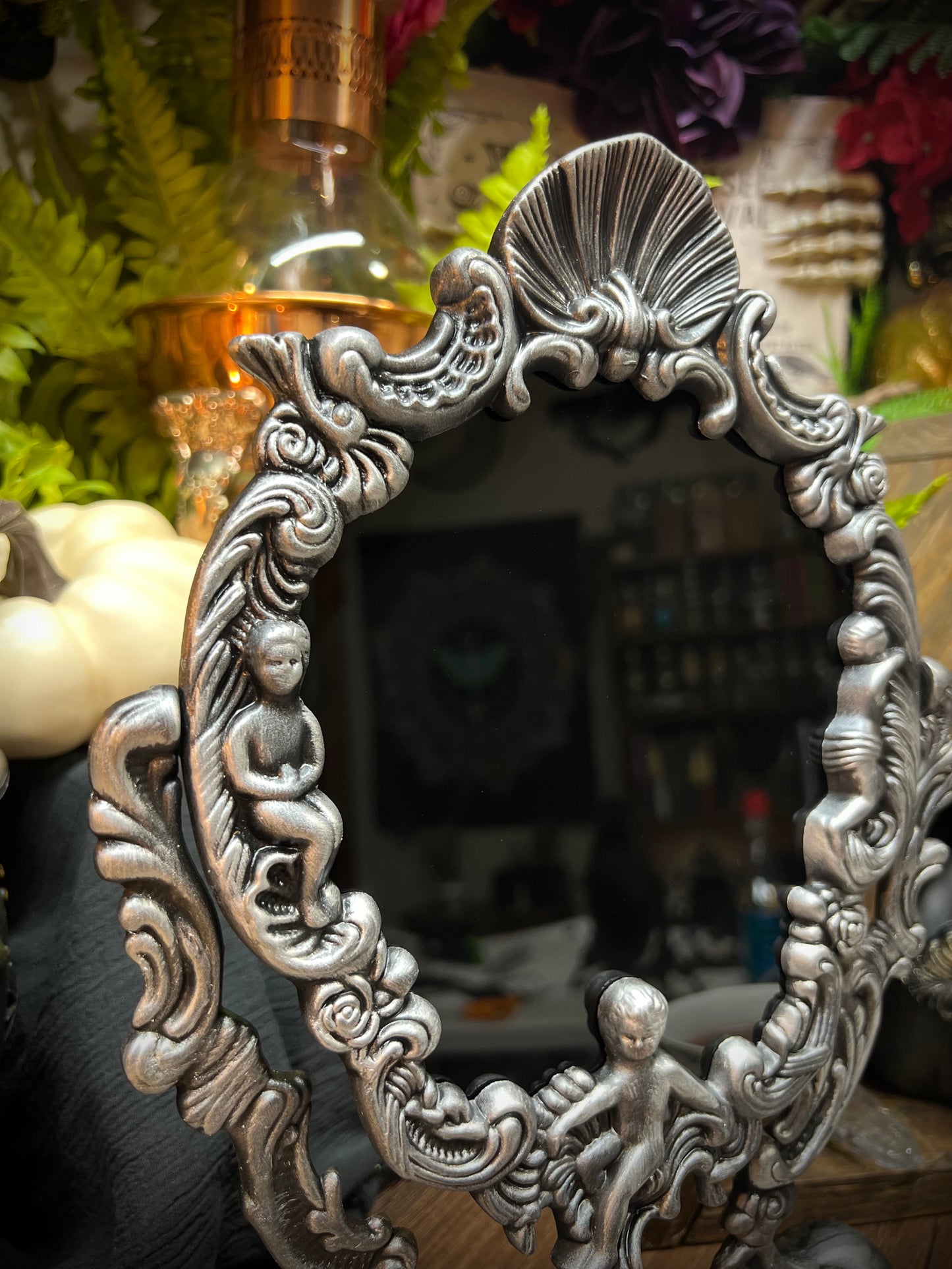 Large Antiqued Angels Scrying Mirror - 14" Tall Heirloom Footed Tilt Tabletop Oval Divination Shadow Work Witches Gothic Victorian Mirror MM122