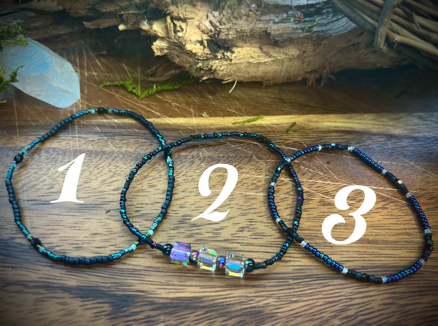 Handmade aurora crystal beaded bracelets in three unique variations