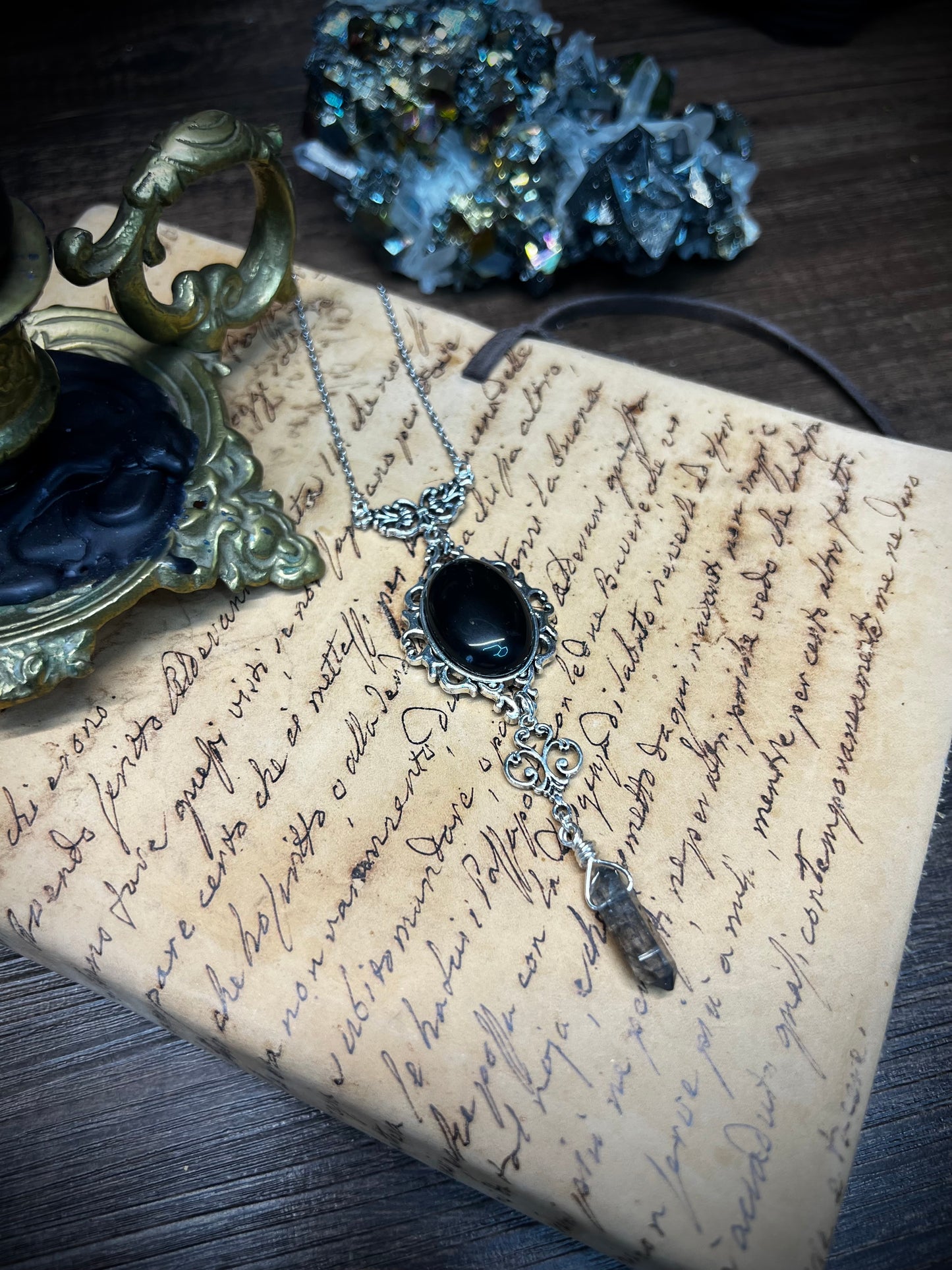 Obsidian and Black Quartz Scrying Mirror Necklace Pendant PN33