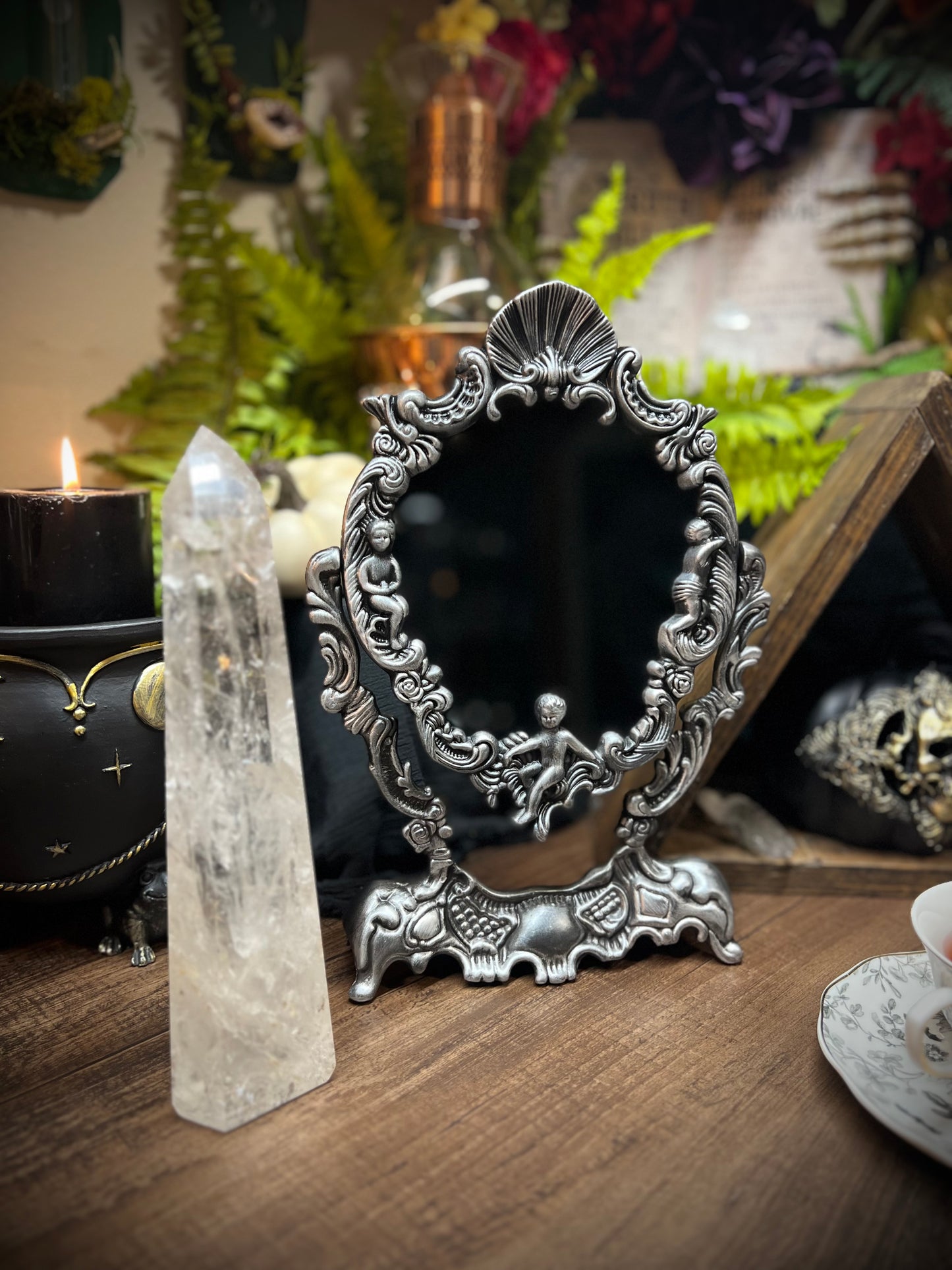 Large Antiqued Angels Scrying Mirror - 14" Tall Heirloom Footed Tilt Tabletop Oval Divination Shadow Work Witches Gothic Victorian Mirror MM122