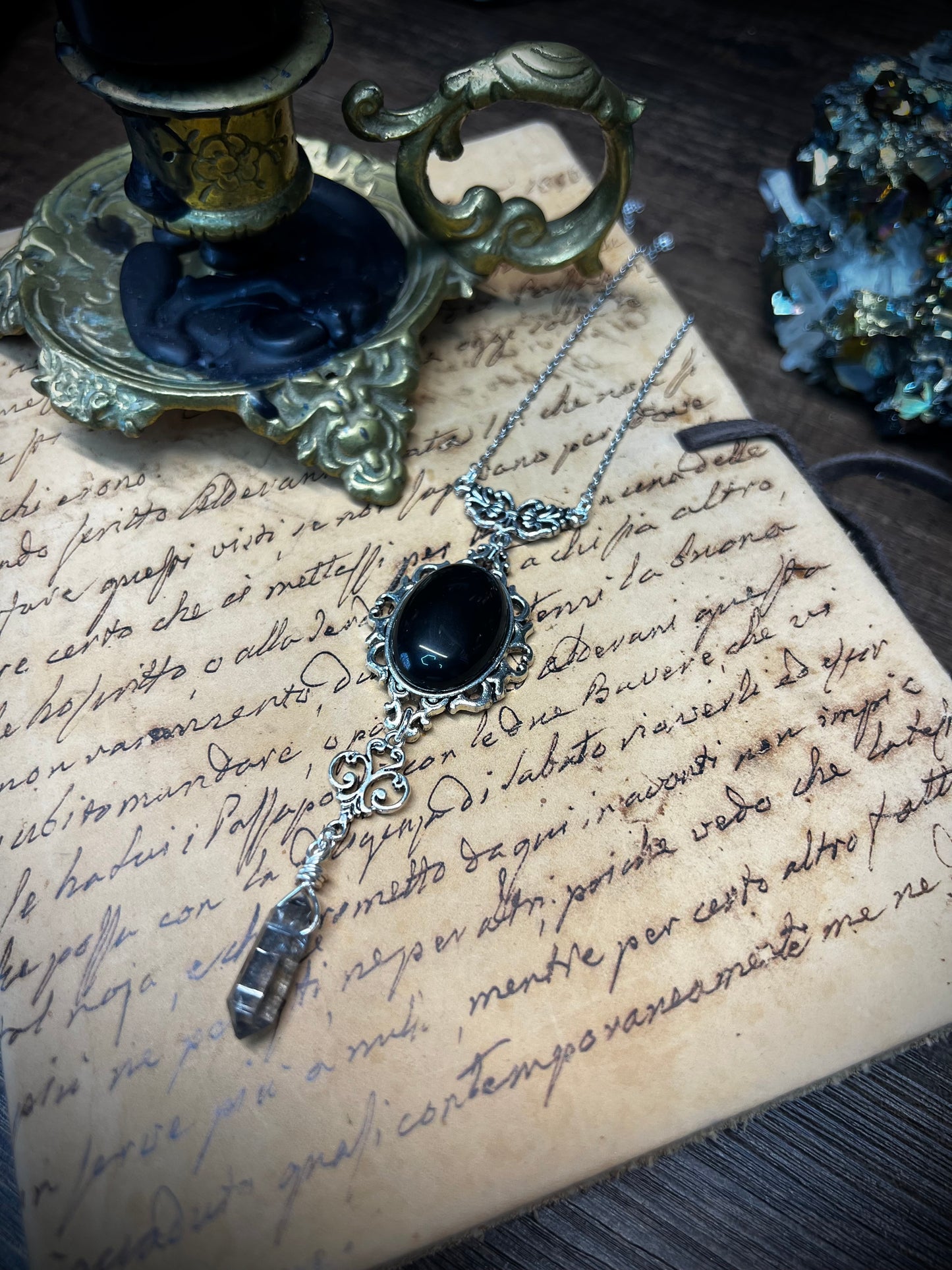 Obsidian and Black Quartz Scrying Mirror Necklace Pendant PN33