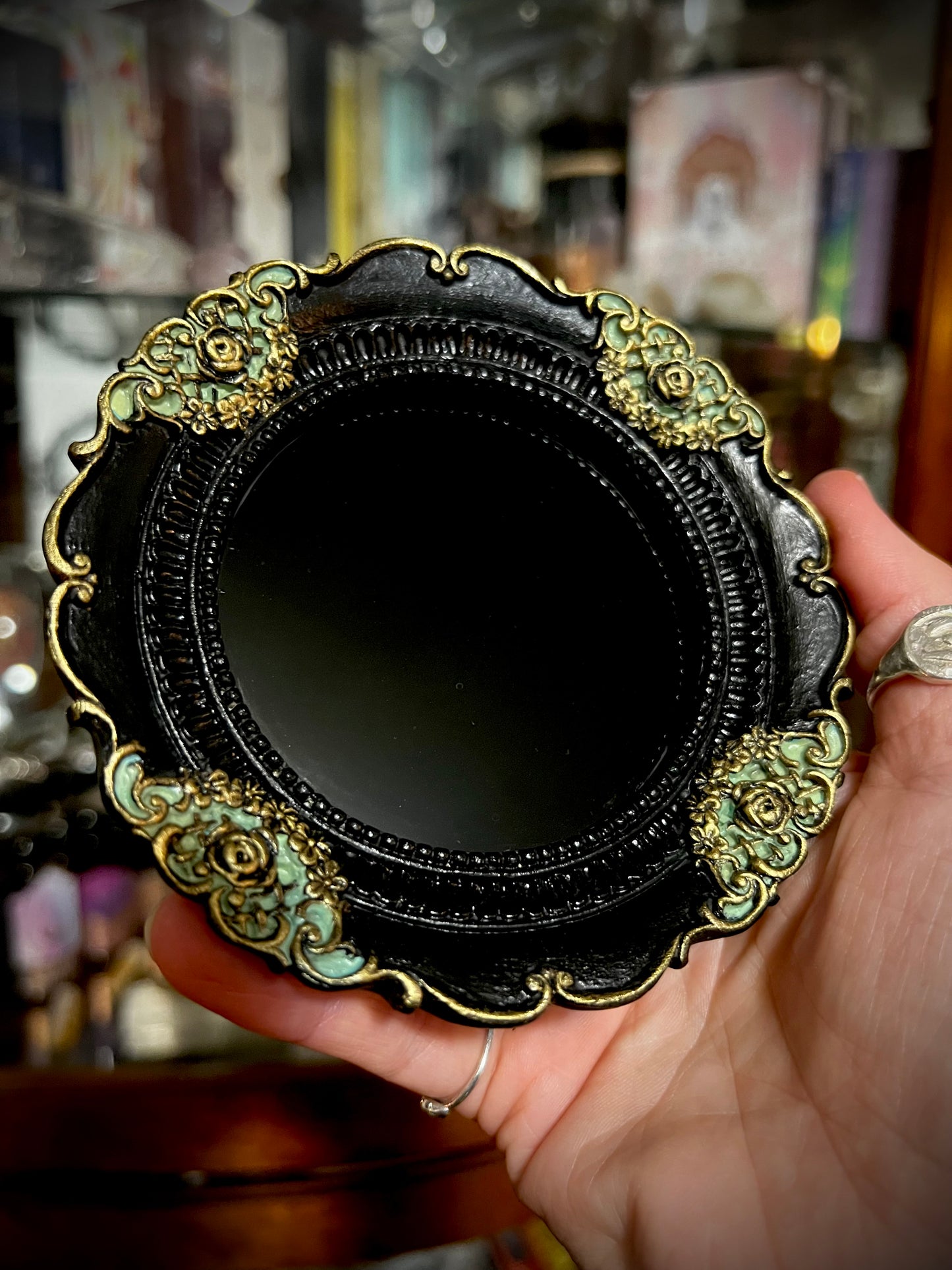 Luna- Small Round Black Scrying Mirror Divination Witches Mirror MM125