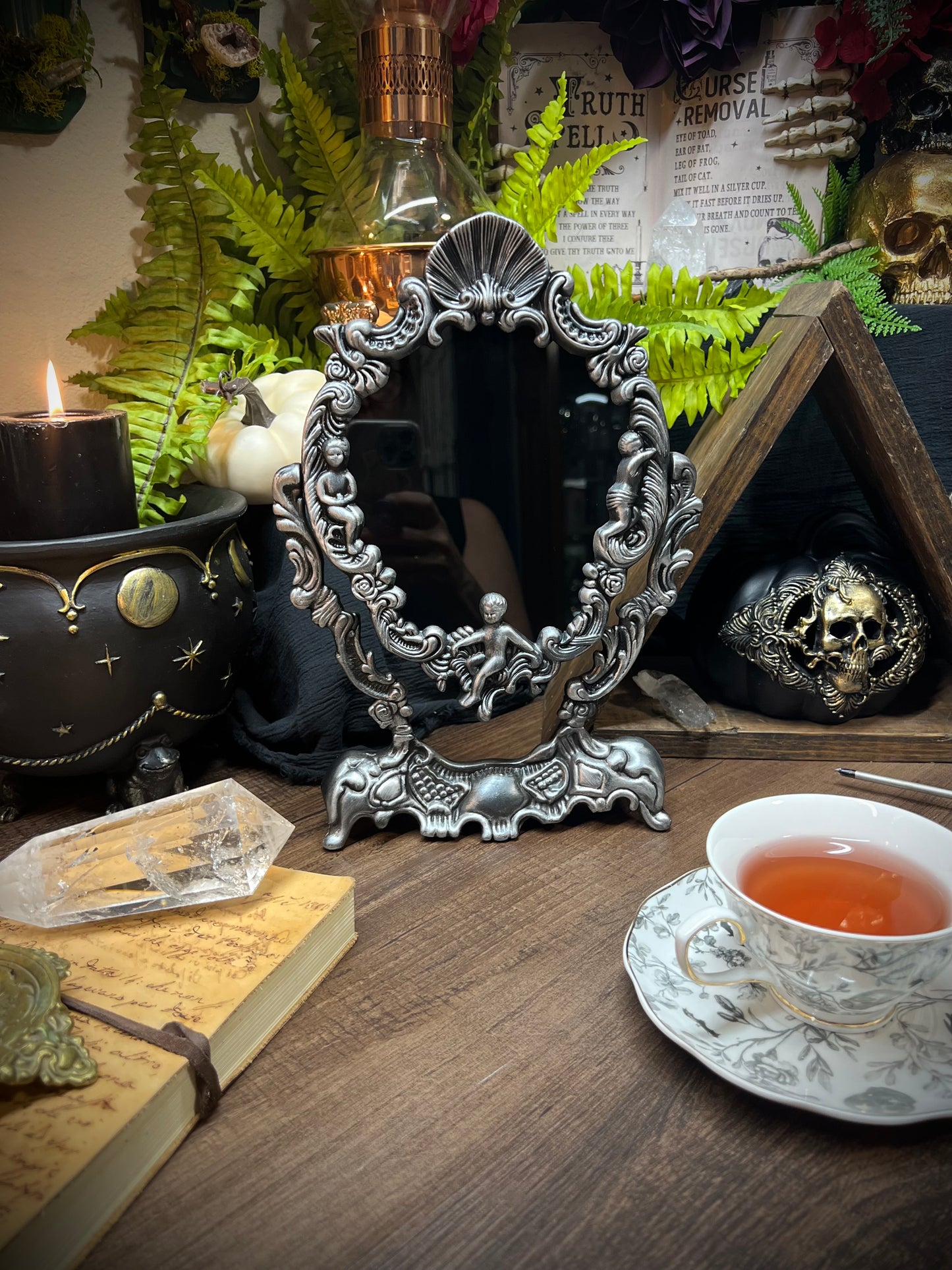 Large Antiqued Angels Scrying Mirror - 14" Tall Heirloom Footed Tilt Tabletop Oval Divination Shadow Work Witches Gothic Victorian Mirror MM122