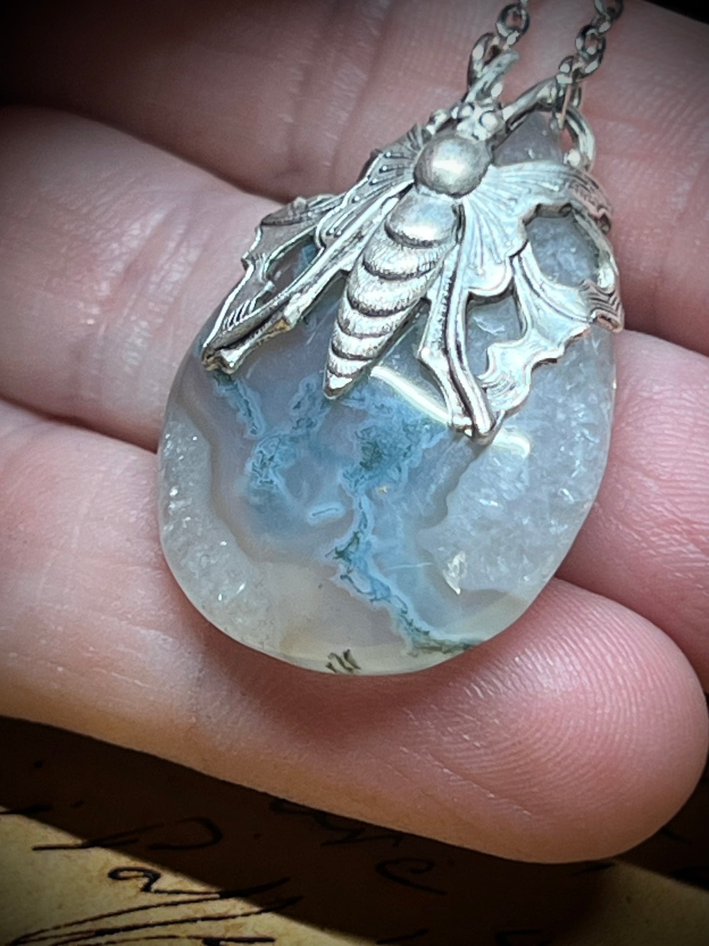 Moss Agate Victorian Moth Wrapped Pendant Necklace PN20