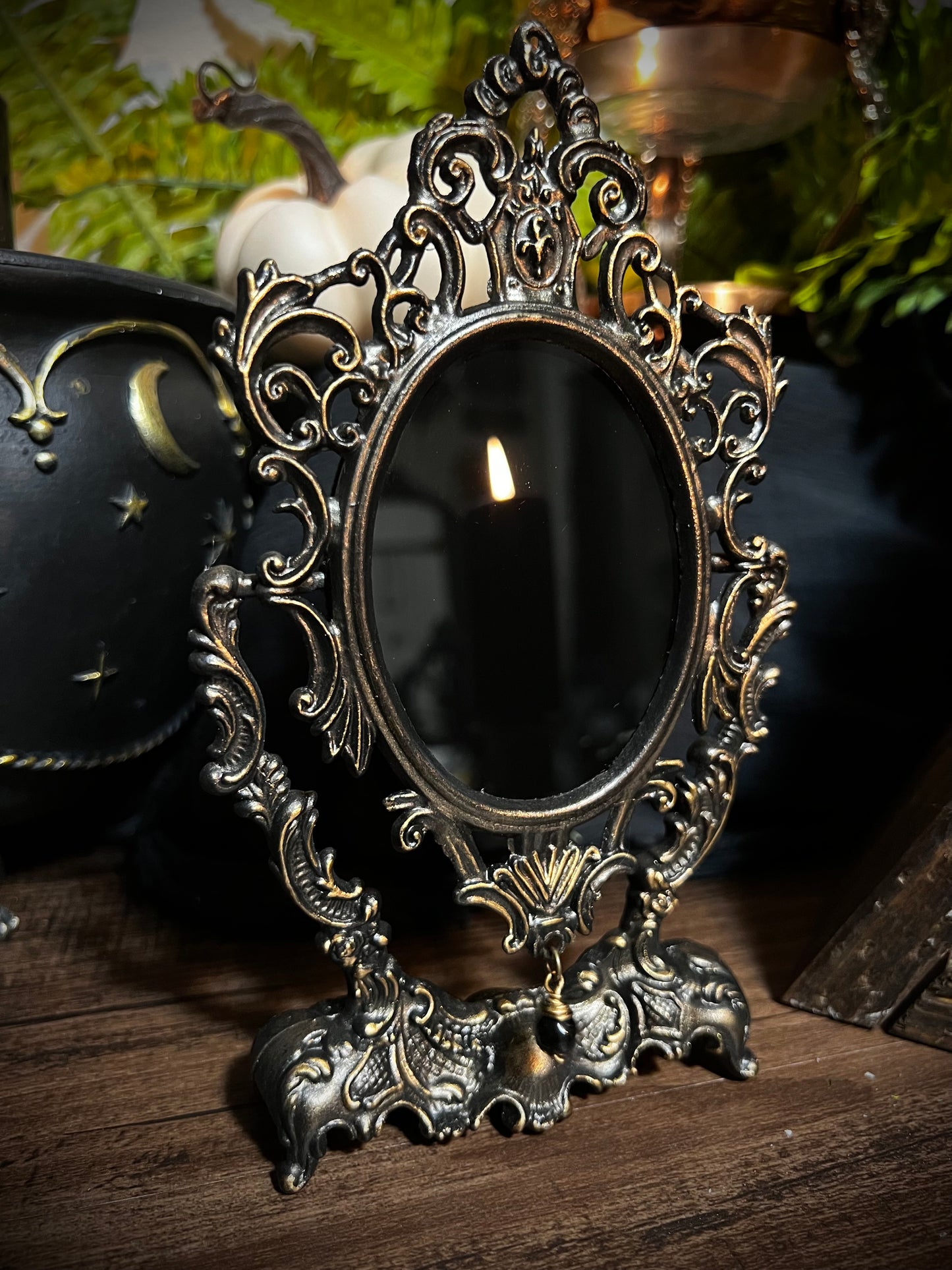 Fancy Ornate Black Scrying Mirror Vintage Italian Footed Mirror Tilt Mirror Magical Victorian Gothic Mirror Witches Mirror Divination Mirror