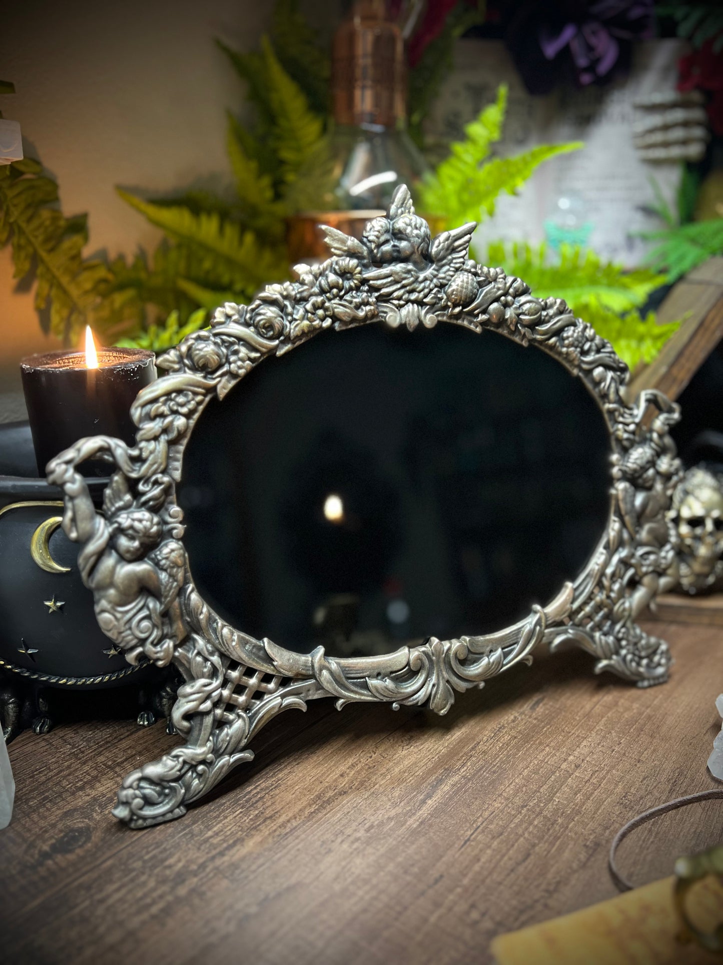 Large Scrying Mirror - Angelica- Heirloom Footed Oval Black Divination Witches Mirror MM123