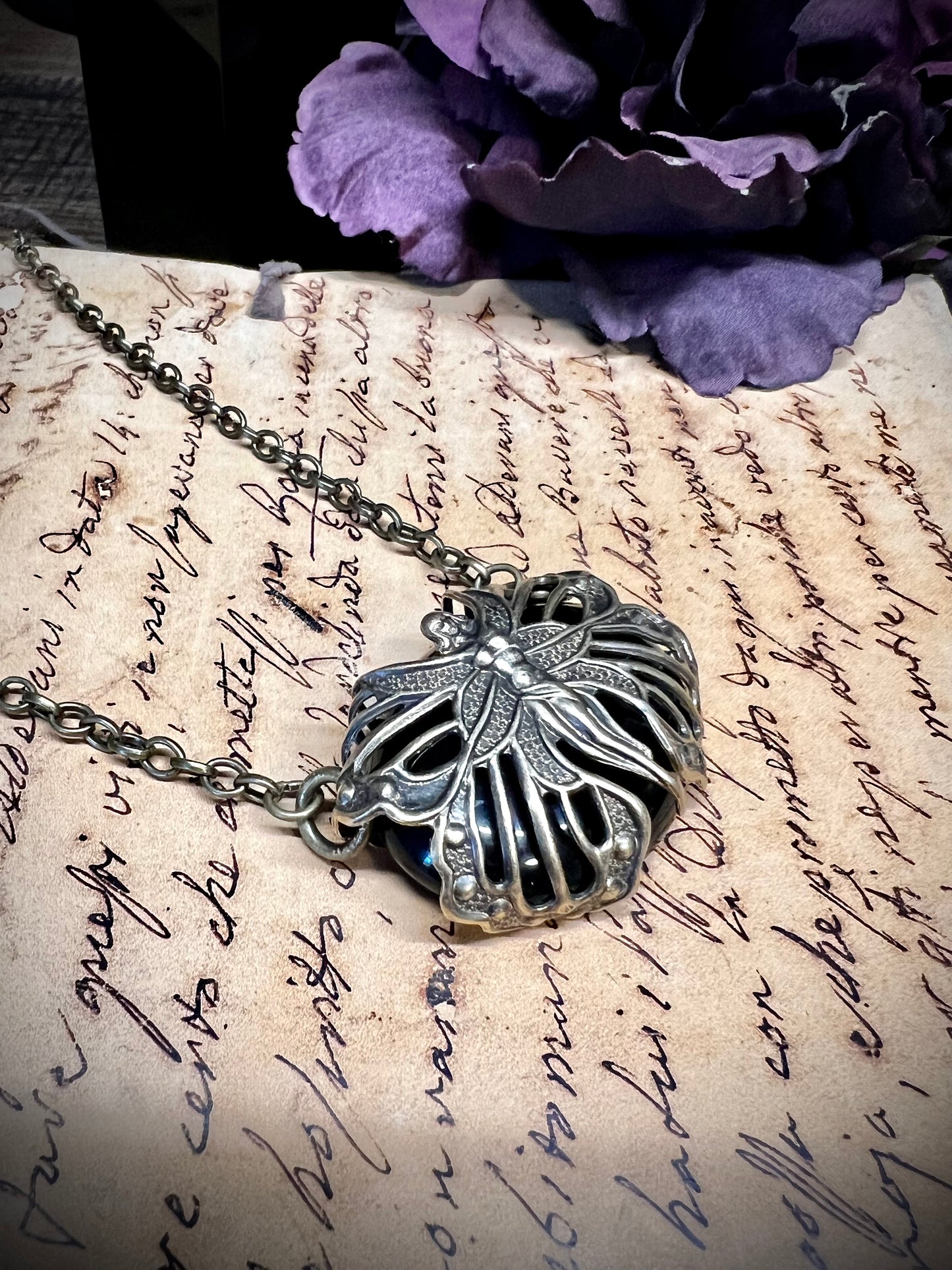 Obsidian You’re Protected Vintage Faery Wrapped Pendant Necklace PN18