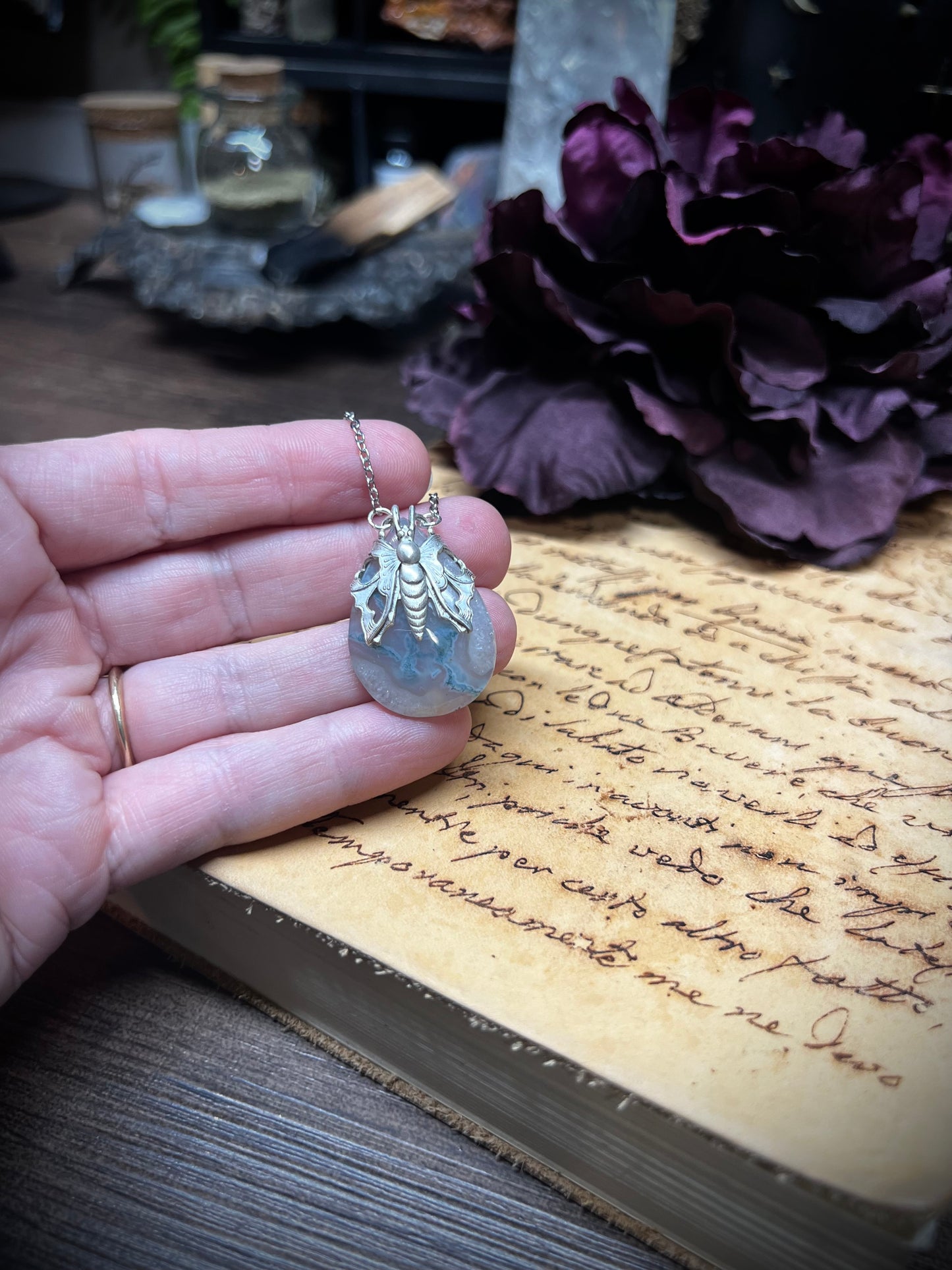 Moss Agate Victorian Moth Wrapped Pendant Necklace PN20