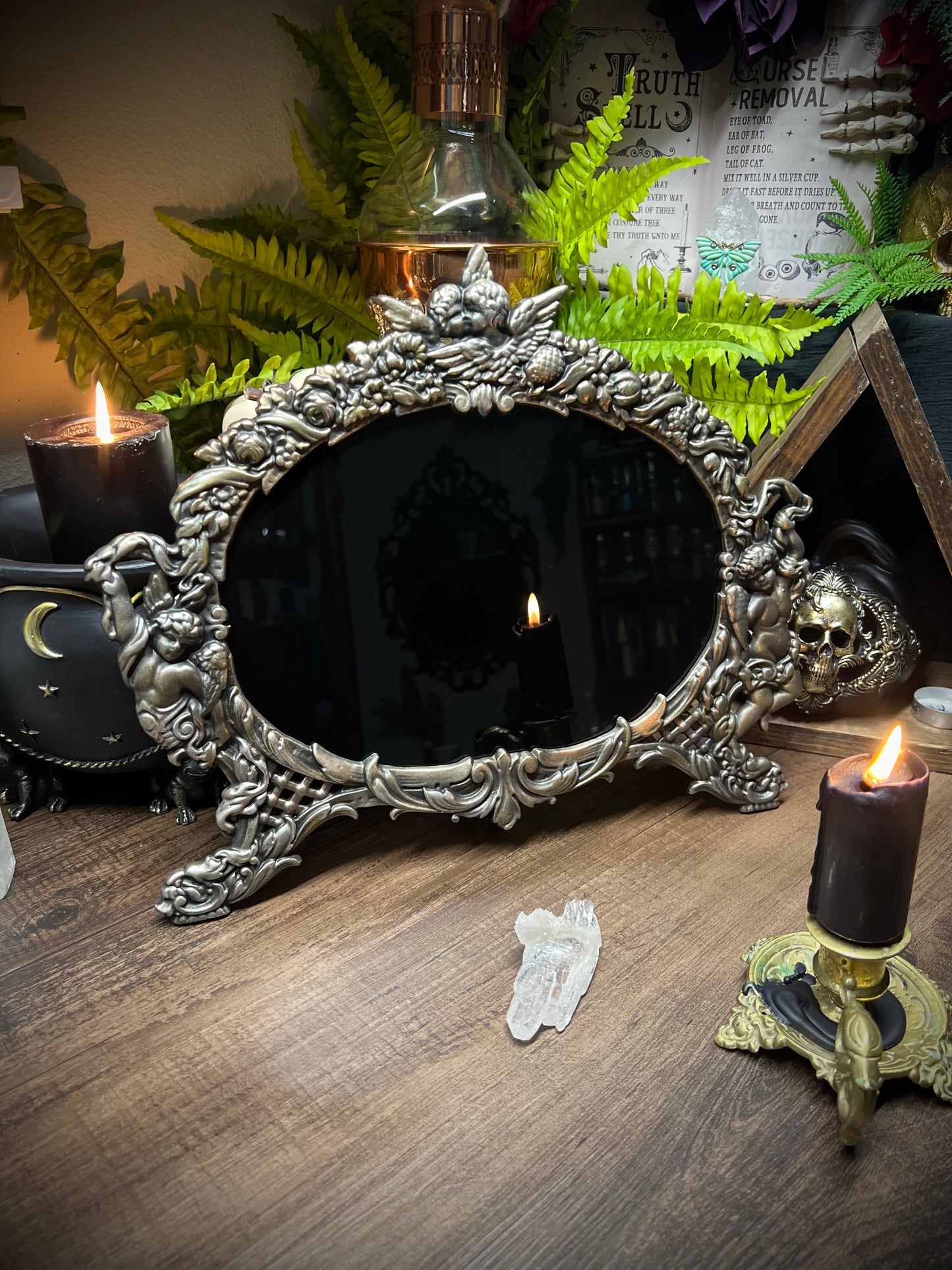 Large Scrying Mirror - Angelica- Heirloom Footed Oval Black Divination Witches Mirror MM123