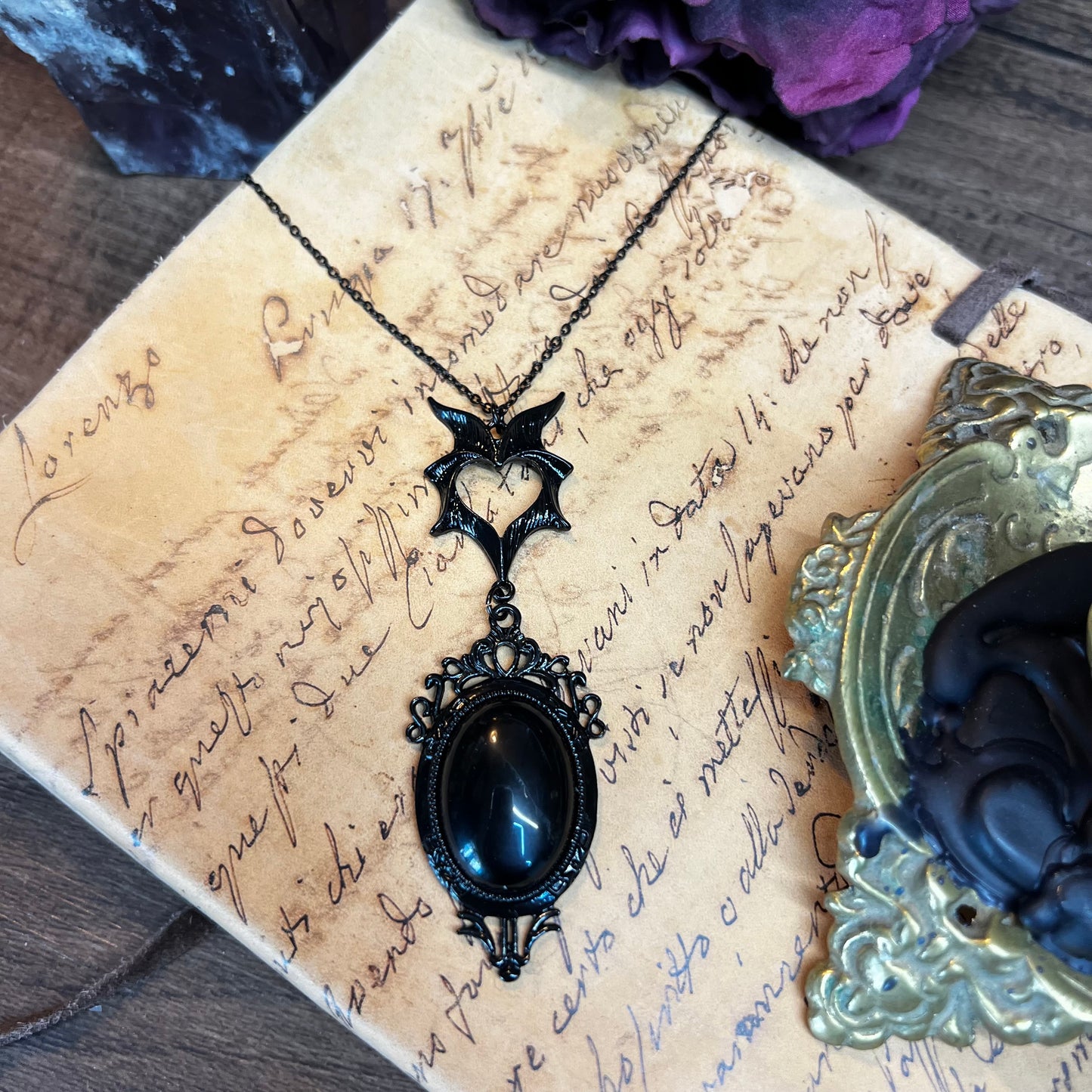 Obsidian Bat Pendant Necklace PN28