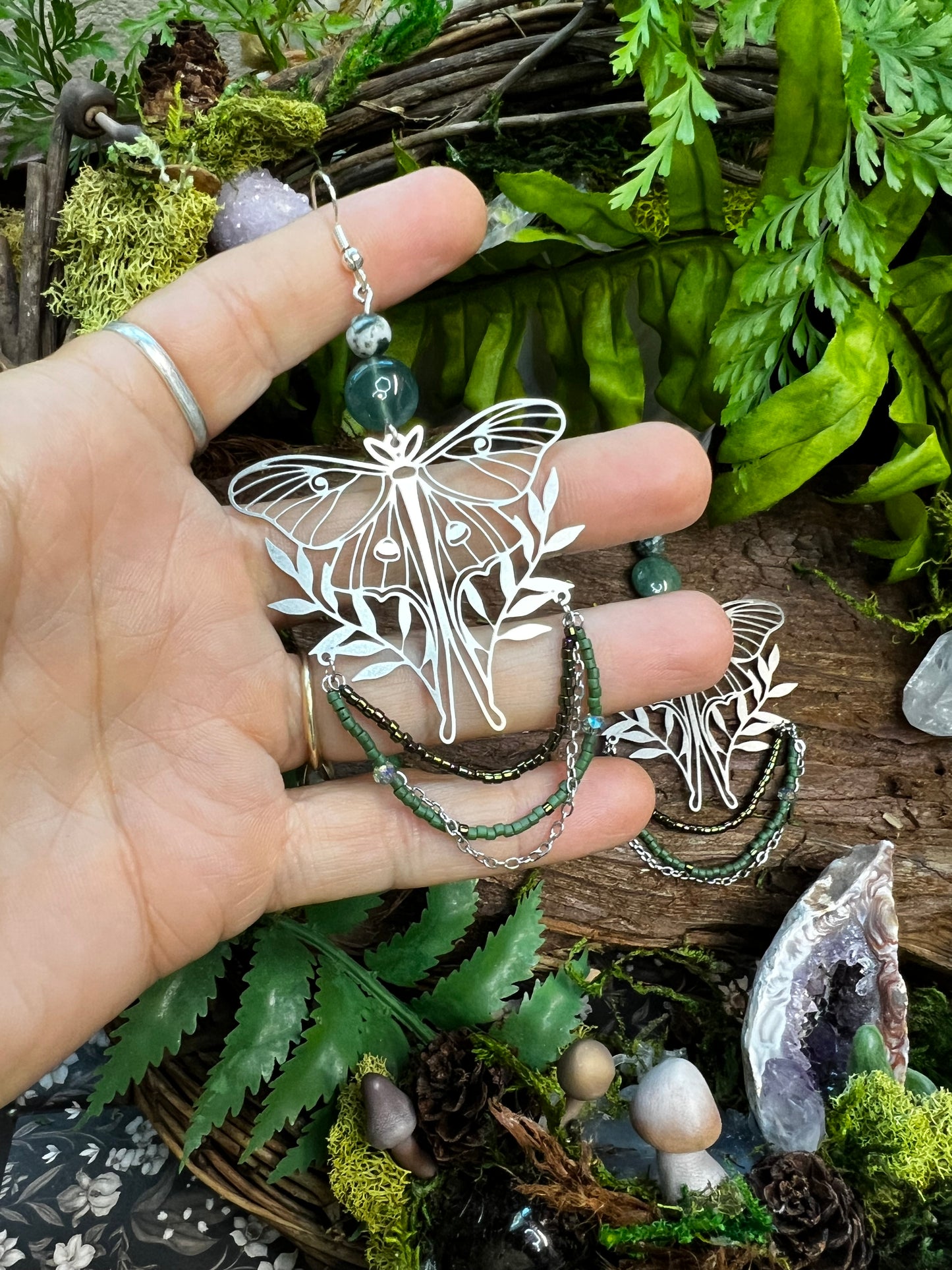Mystical green crystal earrings with moss agate, moon phases, and vines