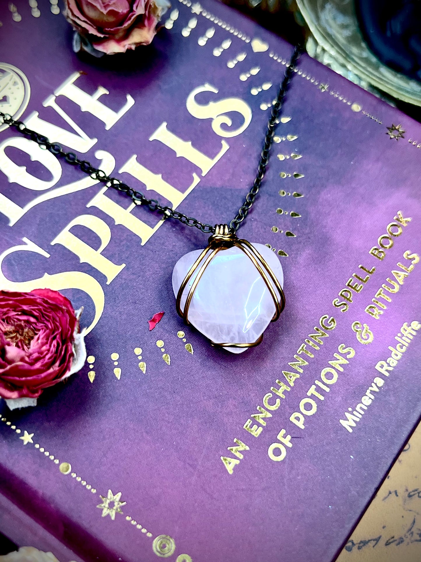 Love Rocks Bronze Heart Wrapped Rose Quartz