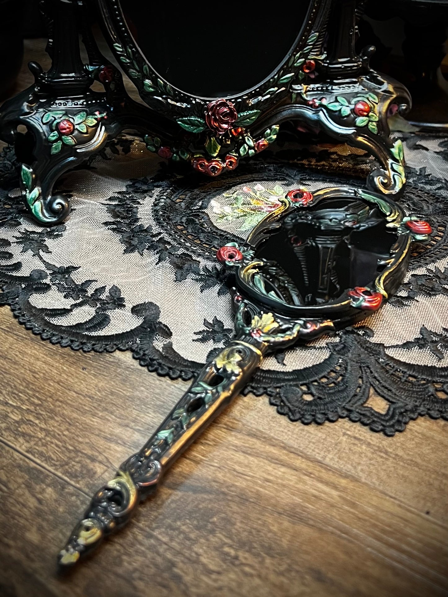 Belle Gothic Handheld Black Scrying Mirror with Roses for Dark Romance Ritual Work